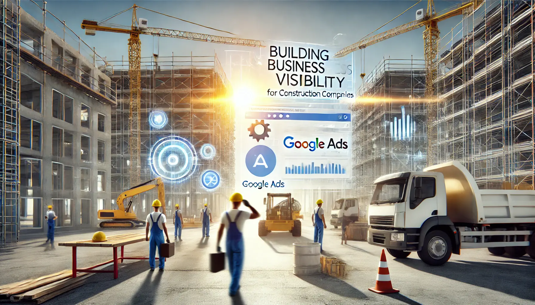 Modern construction site with workers and a digital interface of a Google Ads dashboard, symbolizing technology and marketing integration.