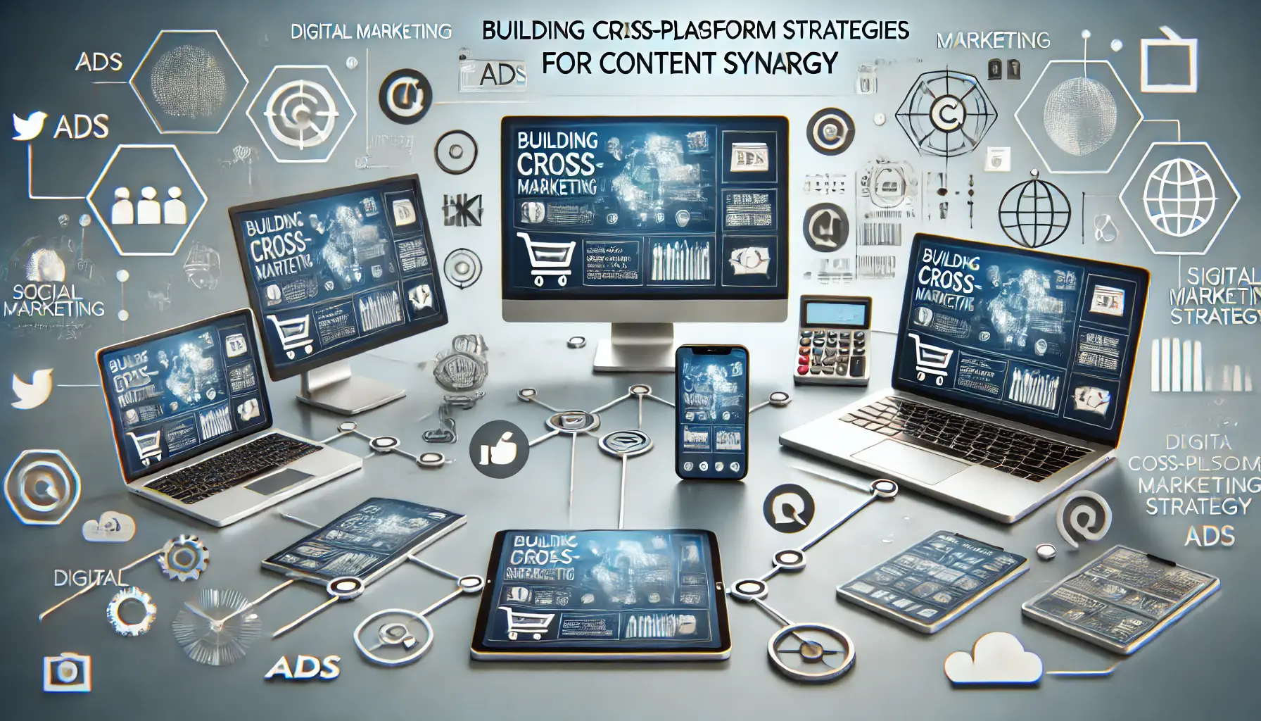 Multiple devices connected by arrows, displaying digital marketing content and emphasizing cross-platform integration.