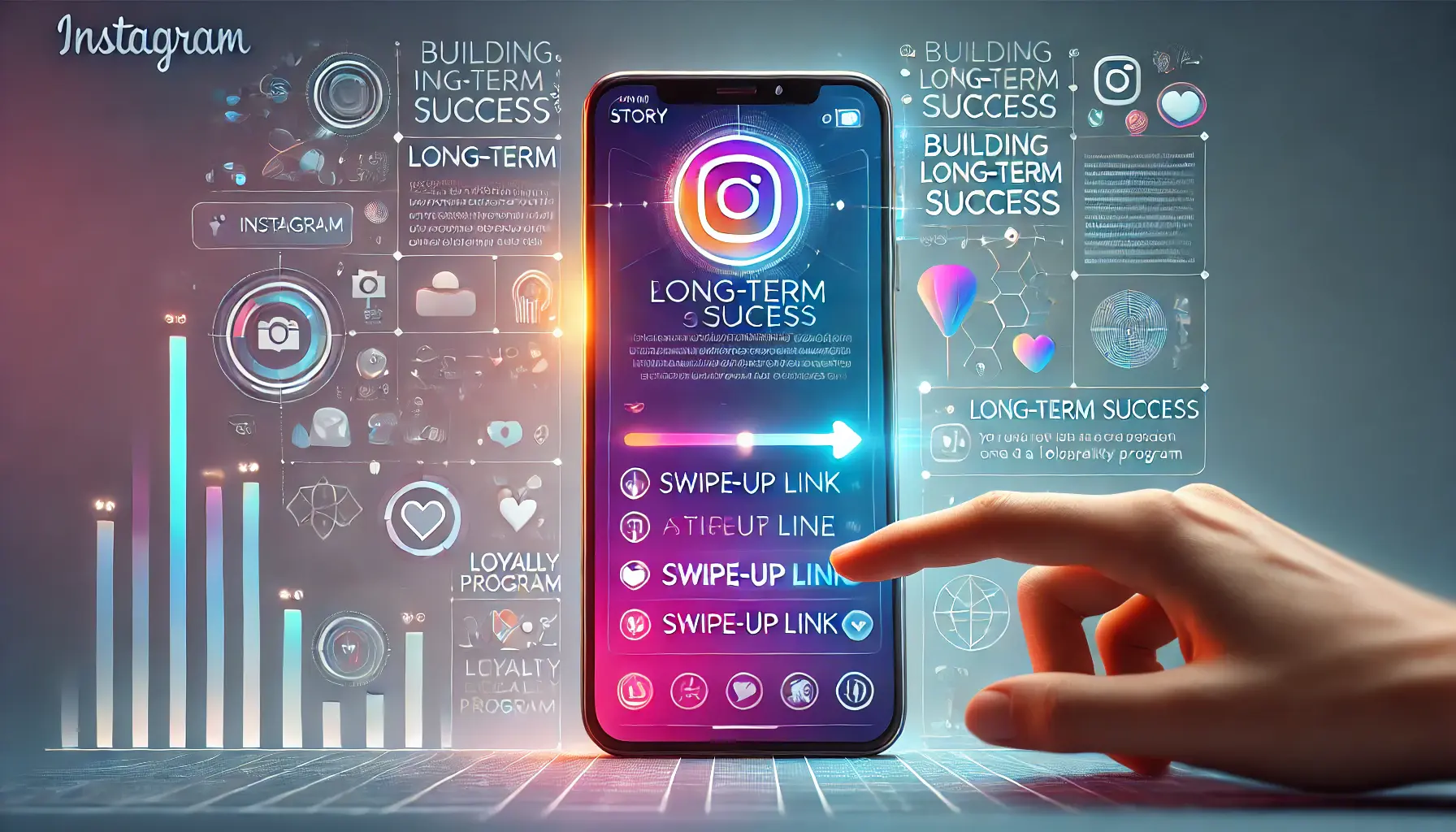 An Instagram story featuring a swipe-up link leading to a long-term goal, with visual elements representing growth and engagement.