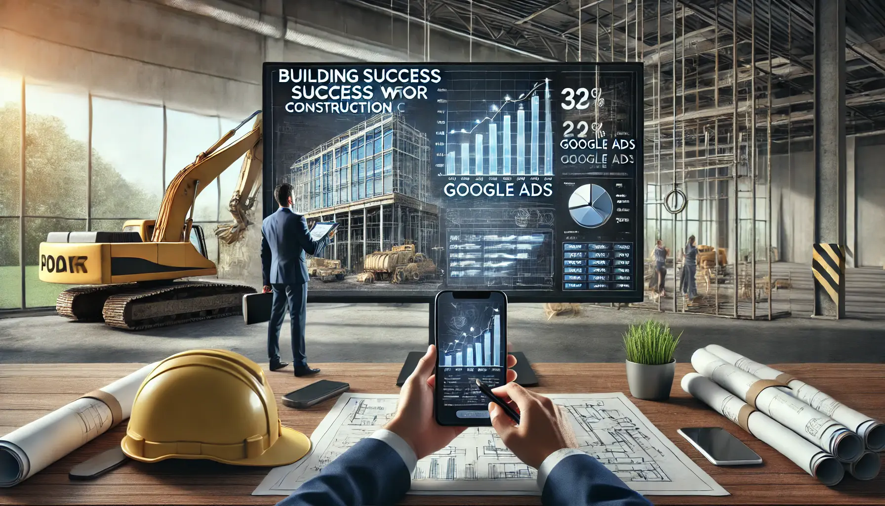 Digital marketer reviewing successful campaign data on a large screen, with a construction site and workers visible in the background, surrounded by construction blueprints and a hard hat.