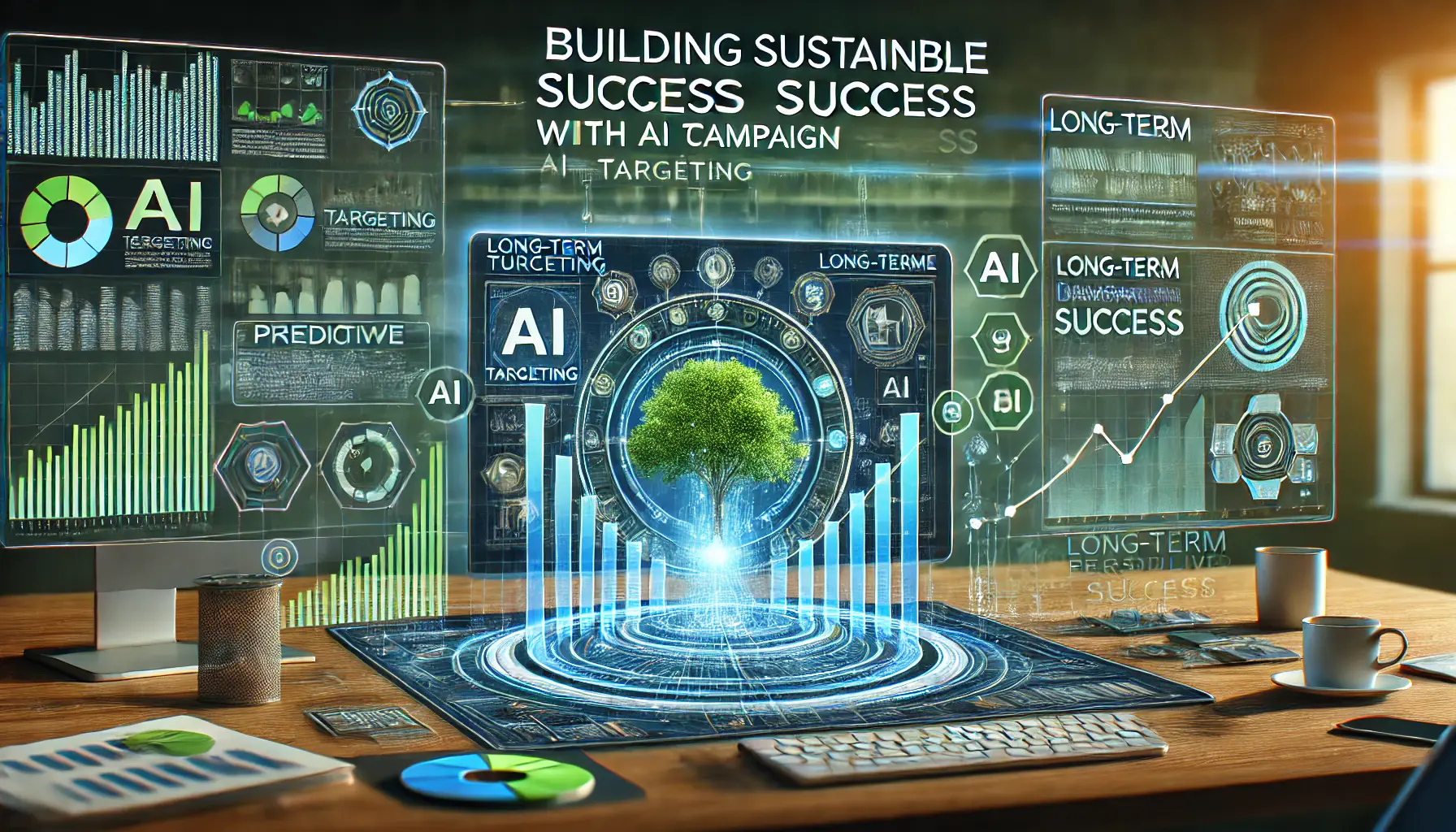 A digital workspace with AI algorithms driving long-term advertising success, showing performance graphs and growth charts.