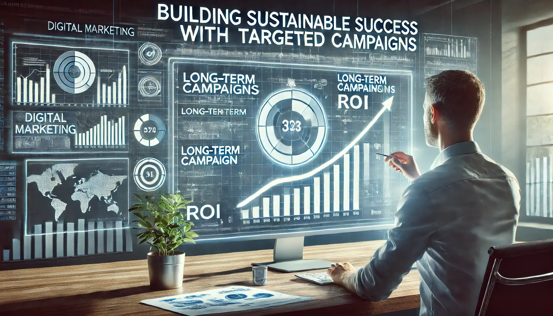 An illustration of a digital marketer analyzing long-term campaign success, focusing on sustained growth and ROI over time.