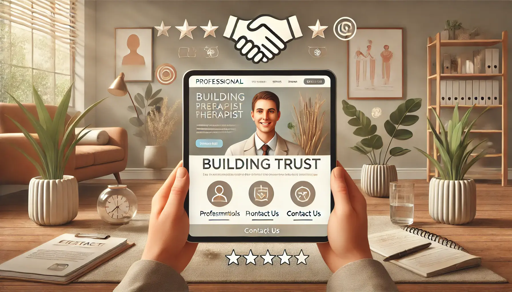 An image showing a therapist's professional website on a tablet with client testimonials and symbols of trust like ratings and a handshake icon.