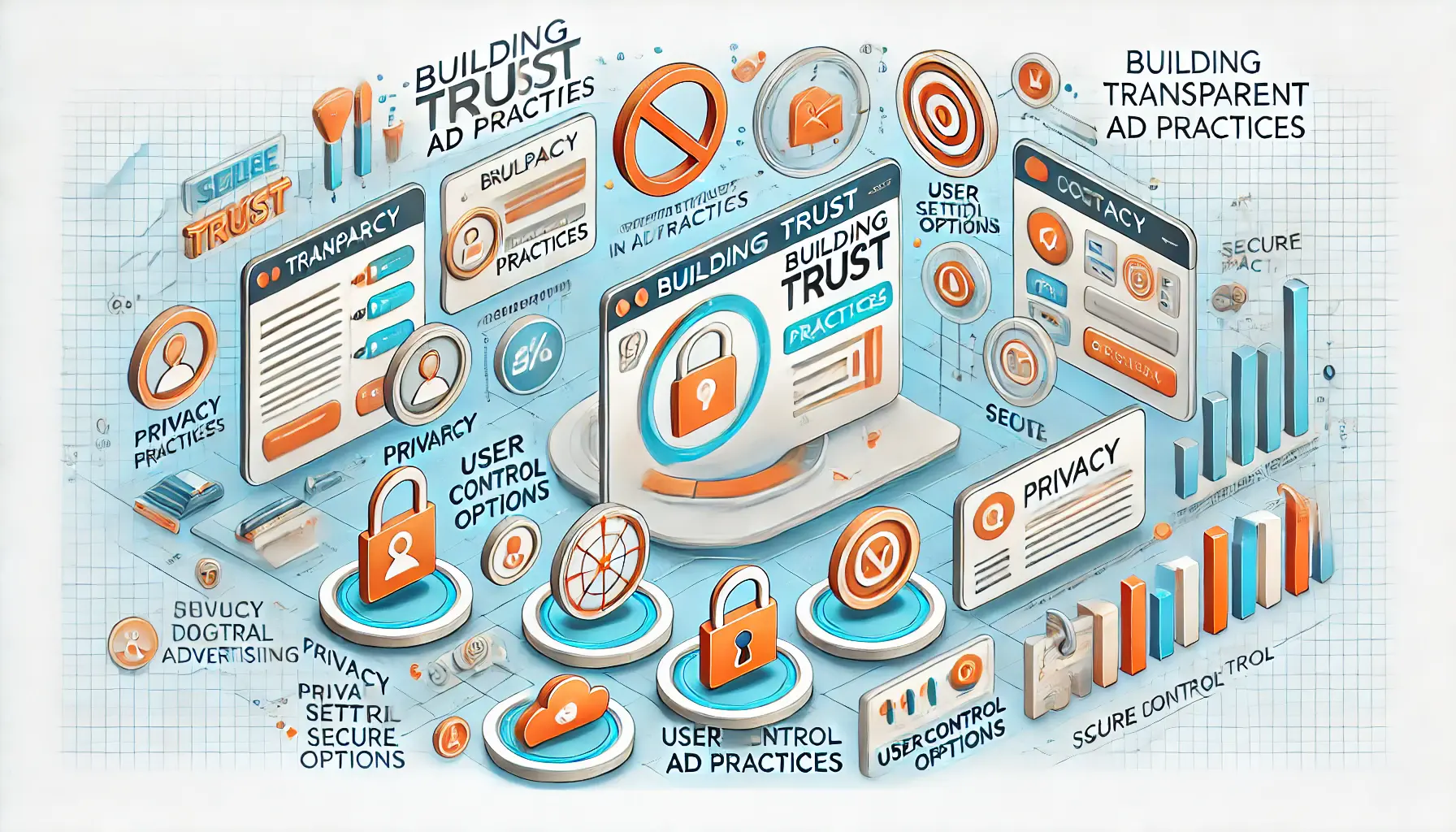 Illustration of transparent ad practices with a dashboard showing privacy settings, user control options, and trust indicators.