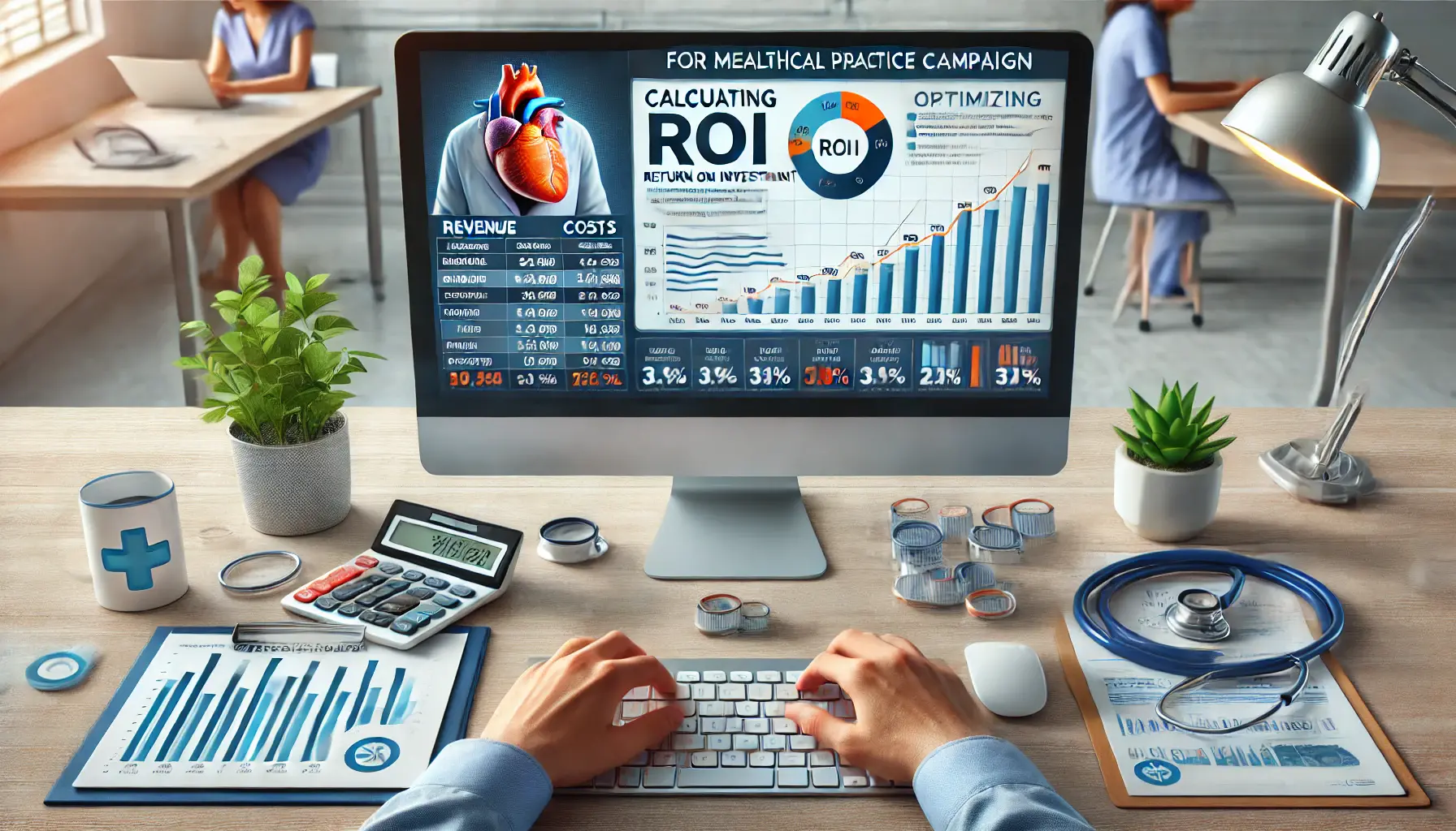 A healthcare marketer analyzing ROI metrics on a computer screen, with graphs, a calculator, and medical elements on the desk.