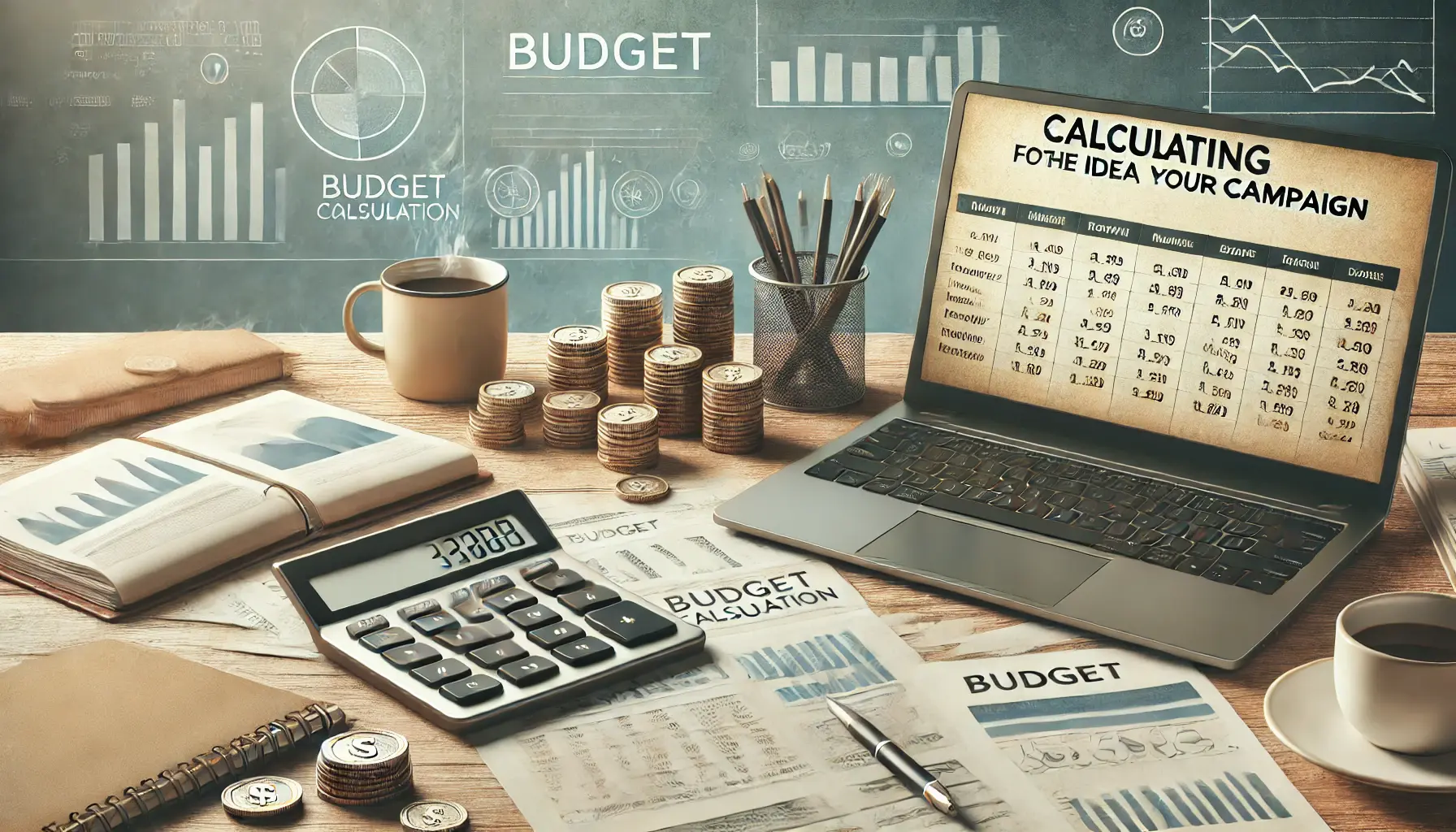 A professional workspace with a laptop displaying budget calculations, financial documents, and a calculator, symbolizing the process of calculating an advertising budget.