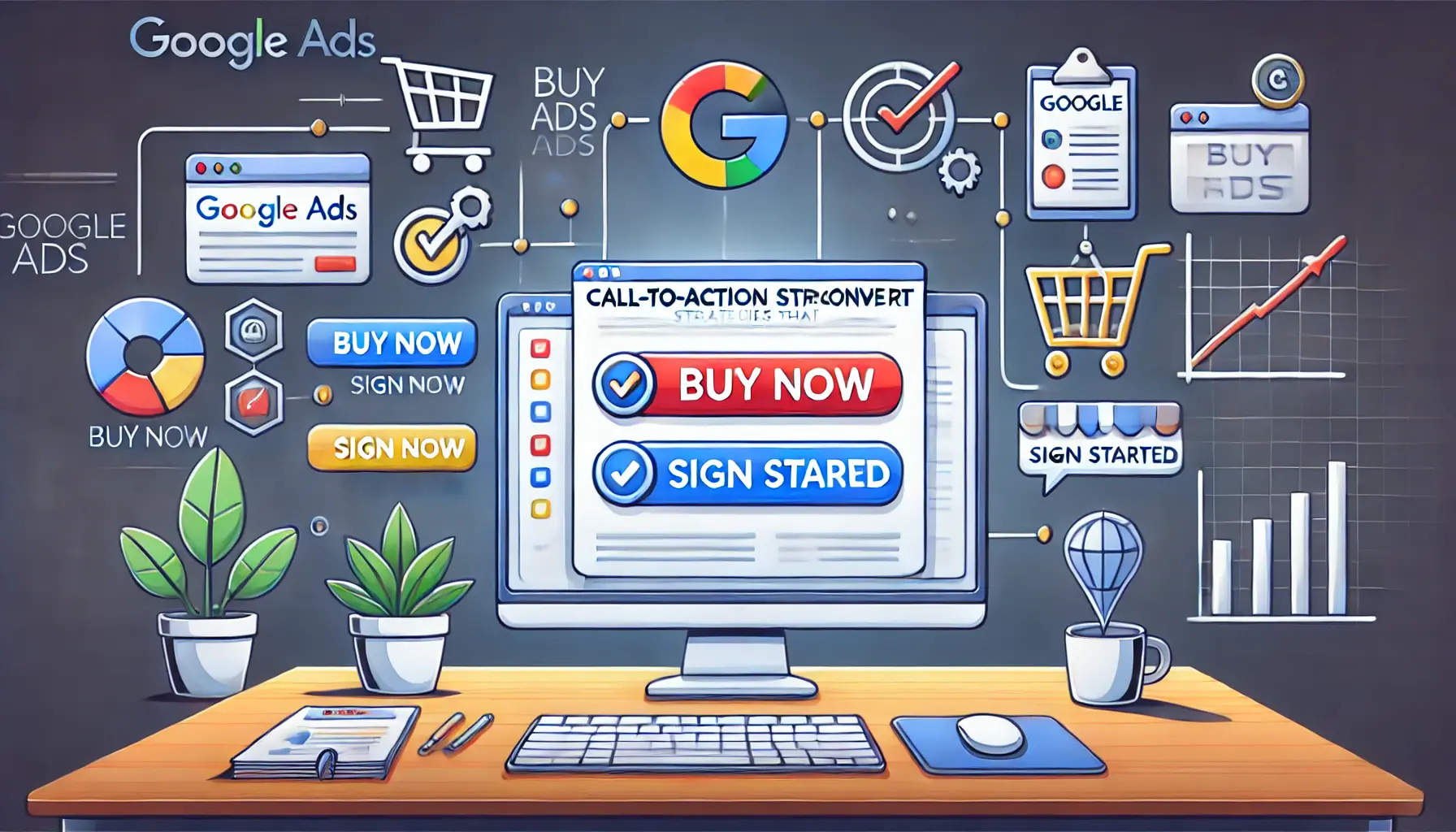 A computer screen displaying a Google Ads interface with highlighted call-to-action buttons, surrounded by icons like a shopping cart, checkmark, and funnel in a modern office workspace.