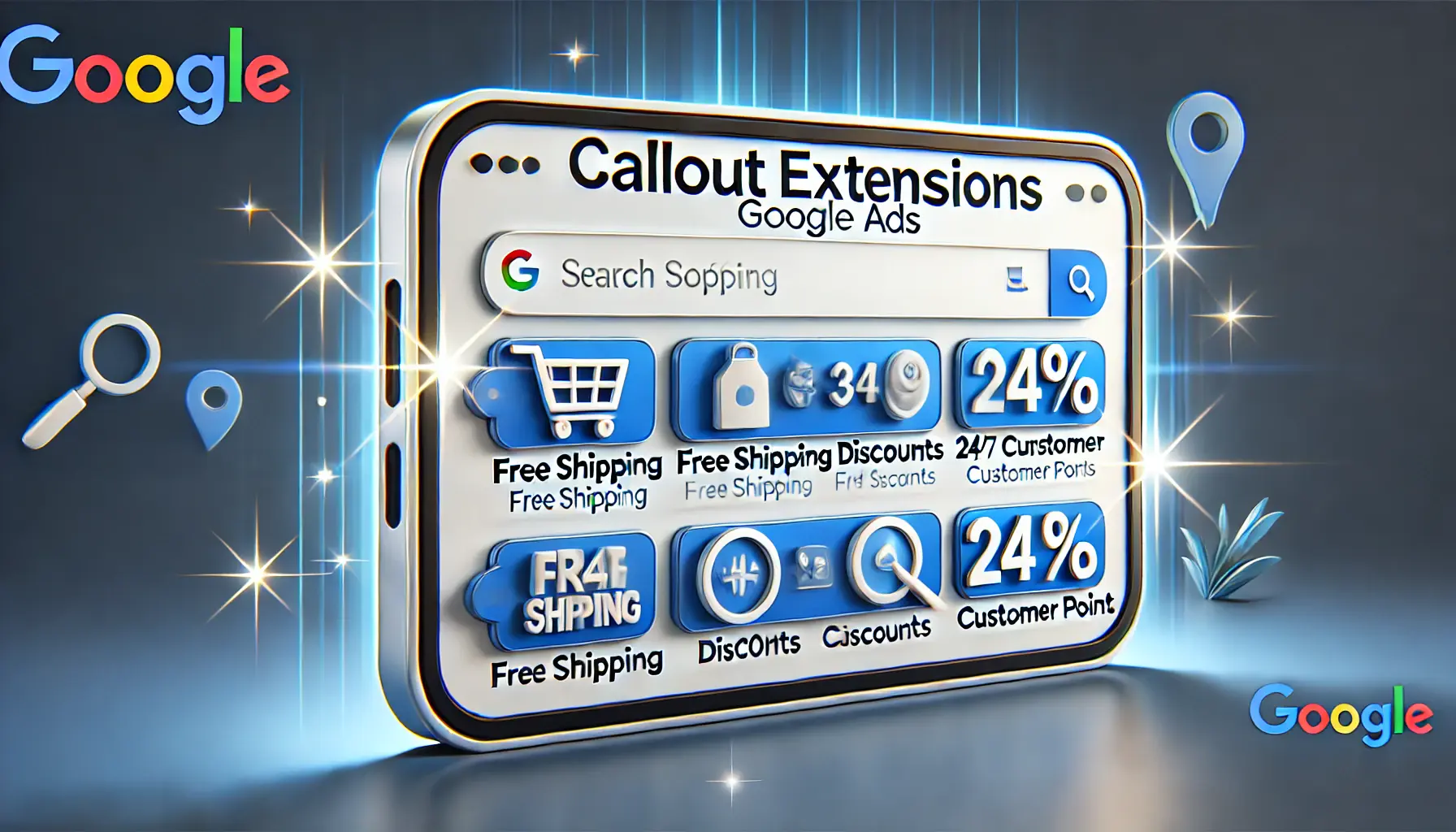 An image representing callout extensions in Google Ads, showcasing key offers like free shipping and discounts in an ad.