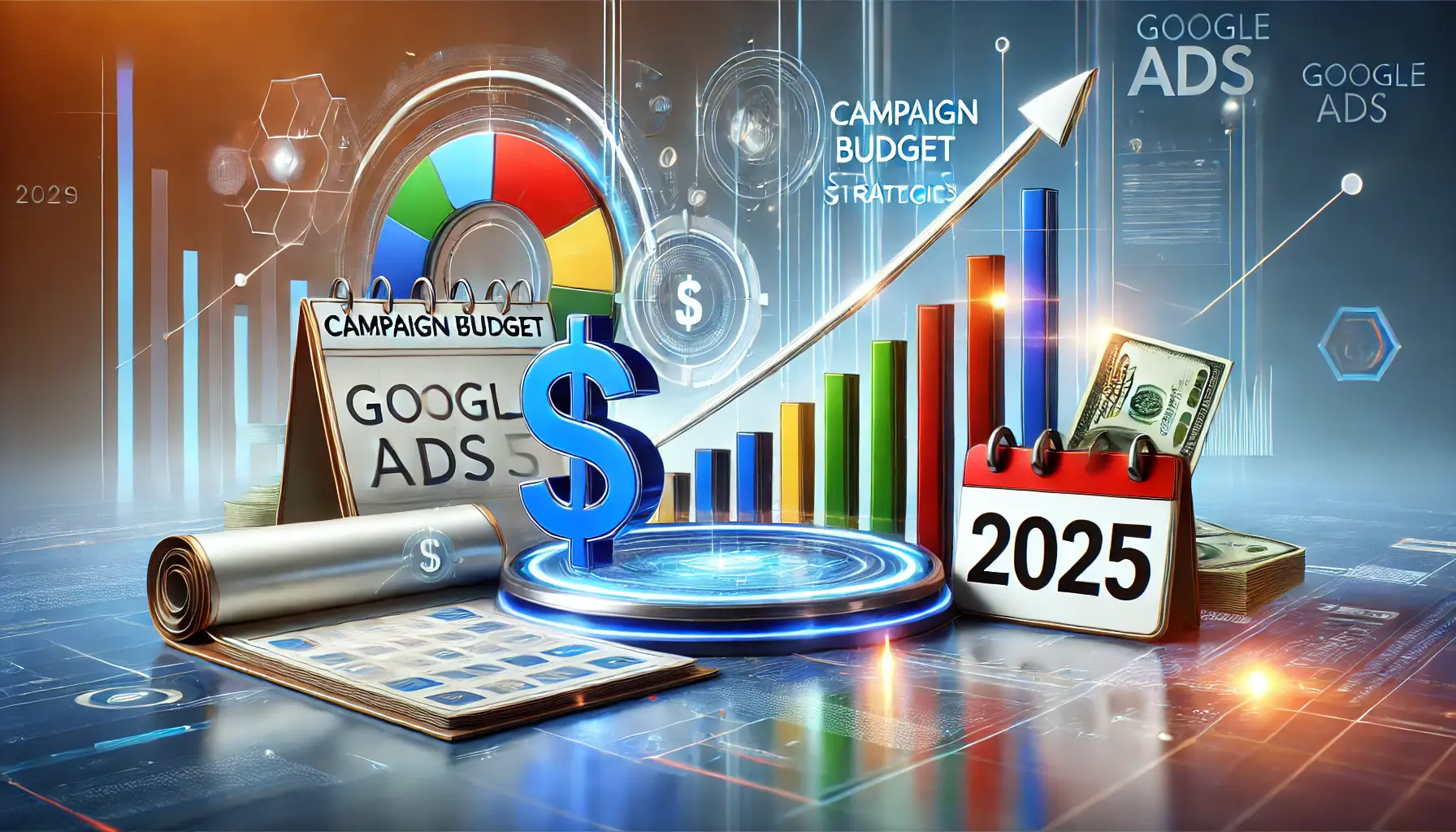 Abstract digital marketing theme featuring a graph, calendar, and dollar symbol for Google Ads budgeting strategies.