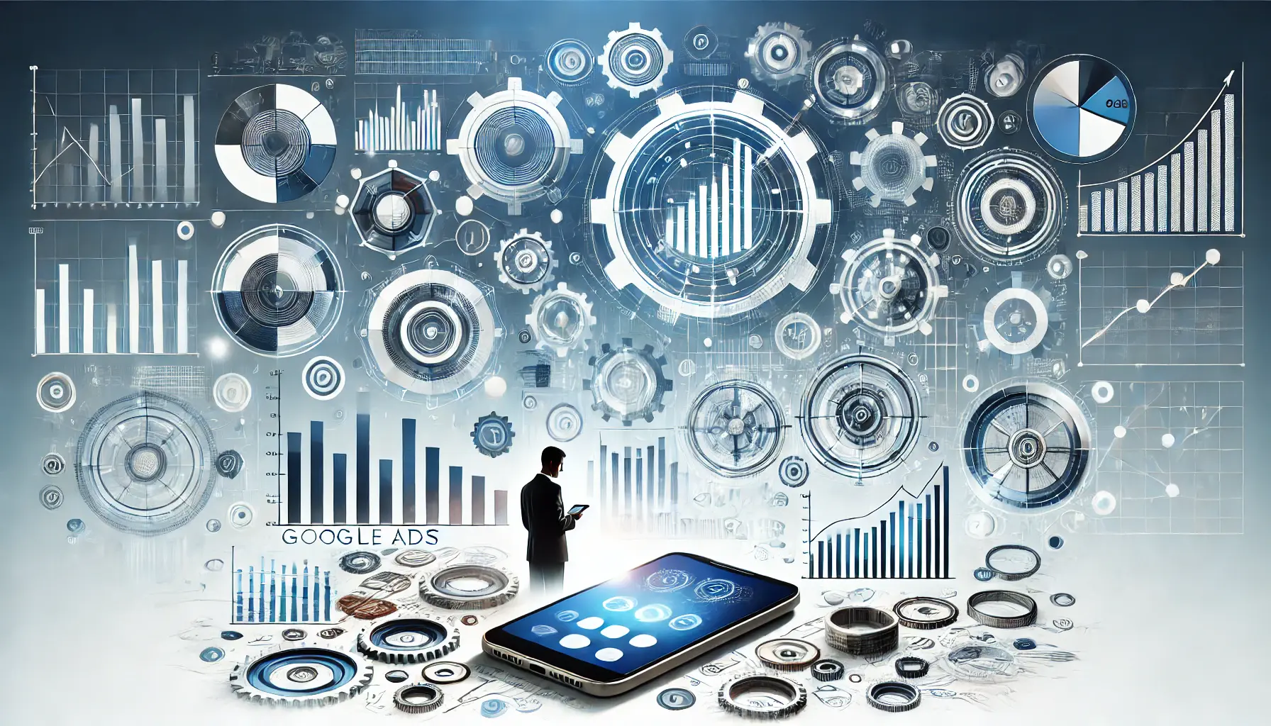 Abstract digital marketing image featuring graphs, gears, and digital devices symbolizing analytics and strategy in Google Ads.