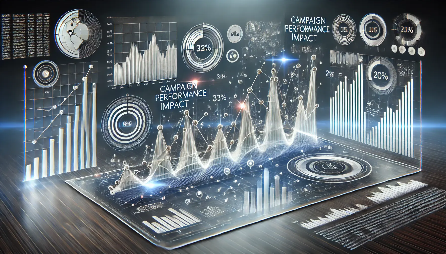 An abstract image illustrating campaign performance impact with fluctuating graph lines and digital marketing metrics.