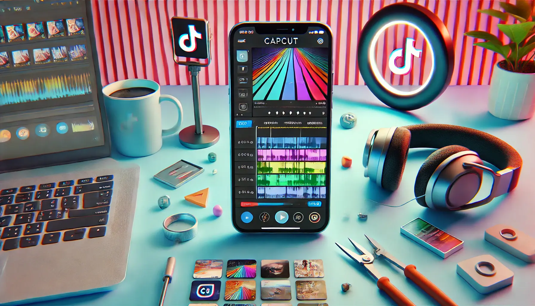 A smartphone displaying CapCut's interface with video editing tools, surrounded by casual content creation elements like headphones and a ring light.