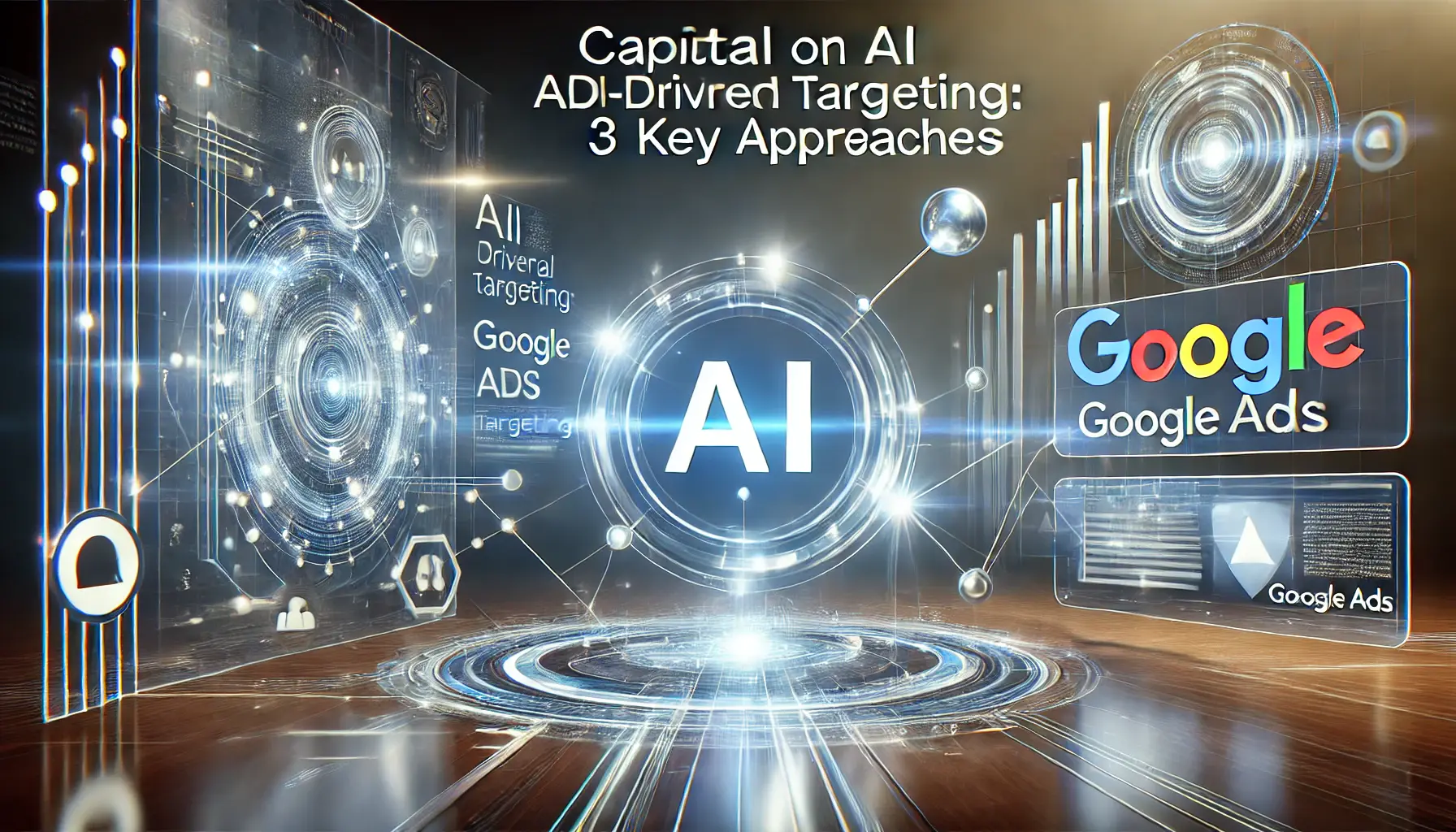 A futuristic depiction of AI-driven targeting featuring neural networks, data flow, and abstract technology elements.