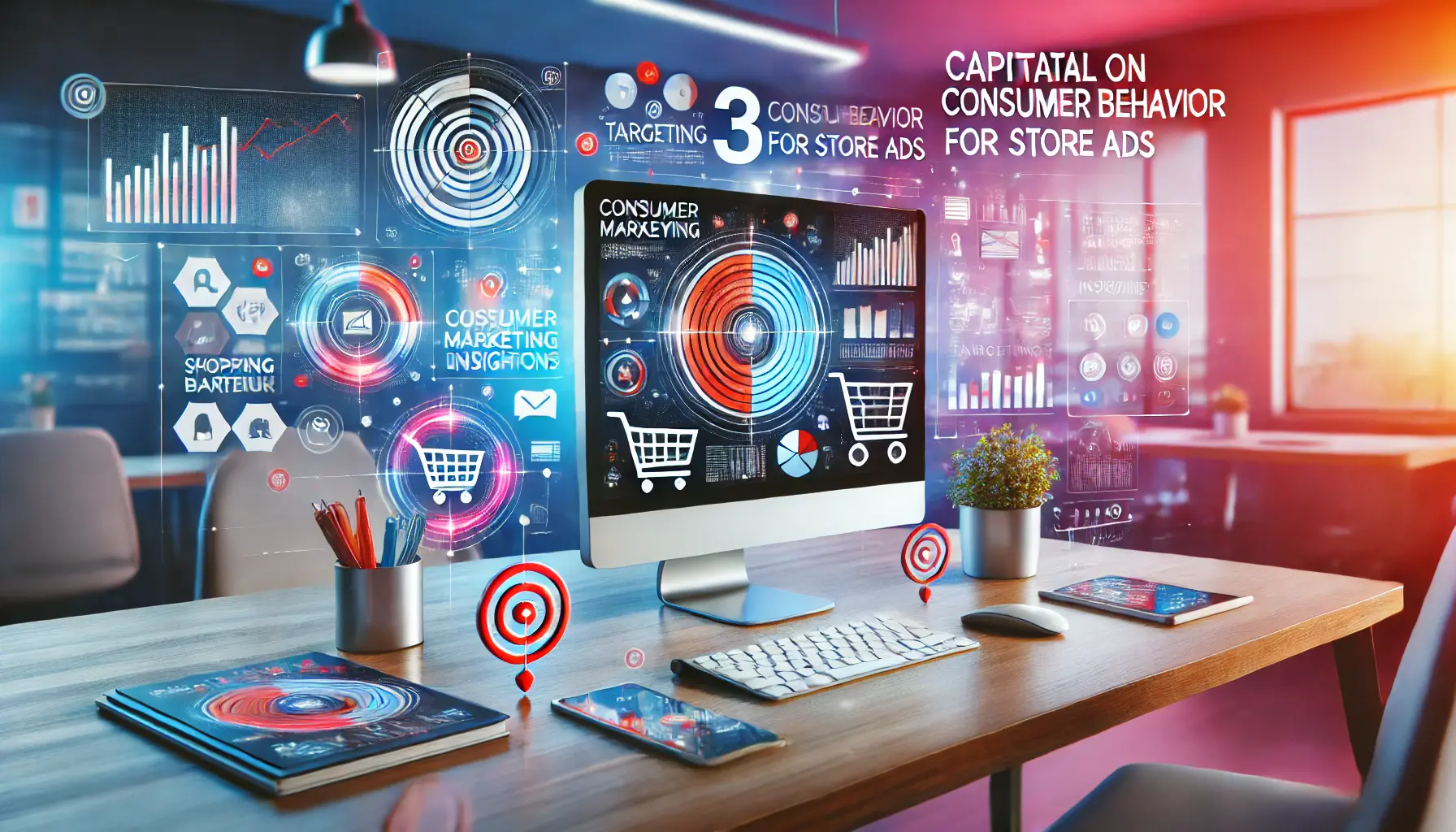 Modern tech workspace with computer displaying analytical charts, surrounded by abstract marketing elements like shopping carts and user icons.