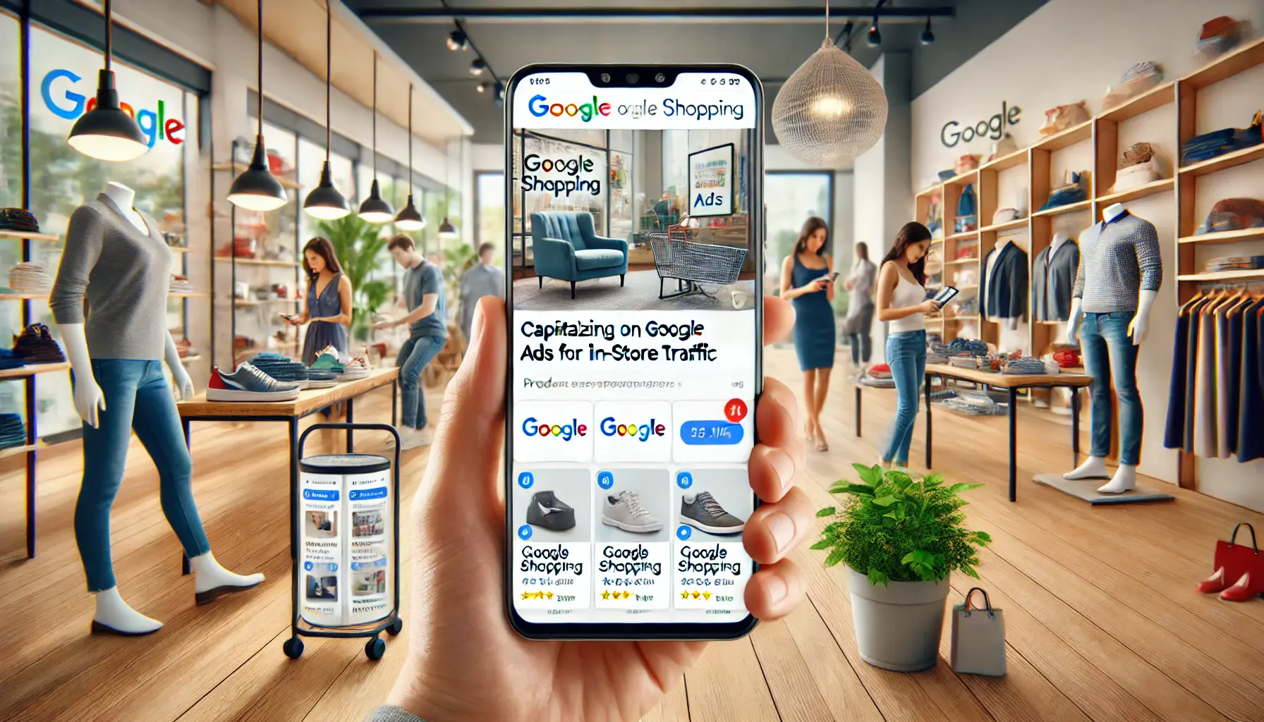 Retail store with Google Shopping ads displayed on a smartphone, featuring products and prices, with customers interacting with the products.