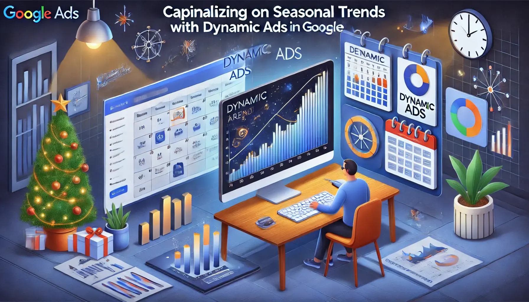 A digital marketer analyzing dynamic ads on a computer, with elements like a calendar showing seasonal events and product recommendations.