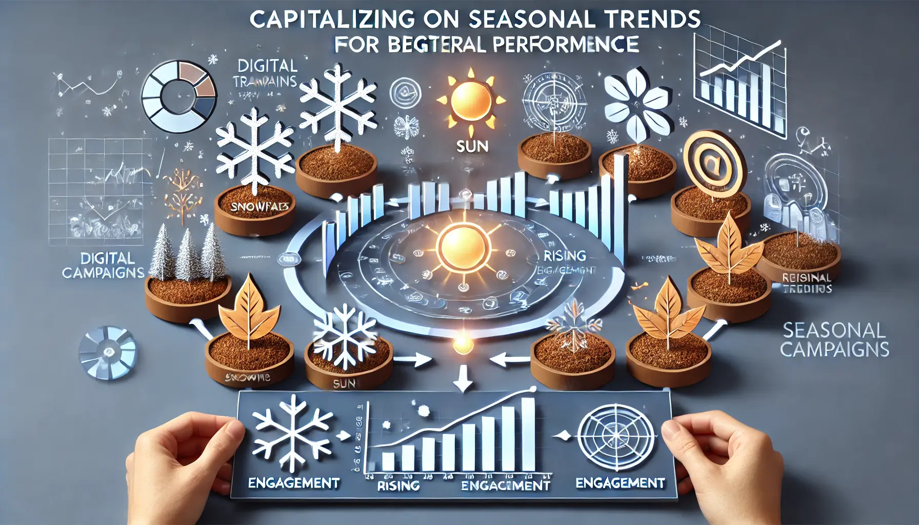 An image featuring a flowchart with seasonal icons like snowflakes, sun, and leaves, surrounded by dynamic data graphs and arrows representing rising engagement during seasonal trends.