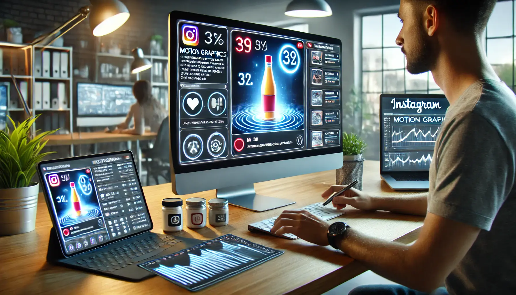 A digital marketer designing a motion graphics ad on a computer with animated elements that highlight a product, with performance analytics displayed on nearby devices.