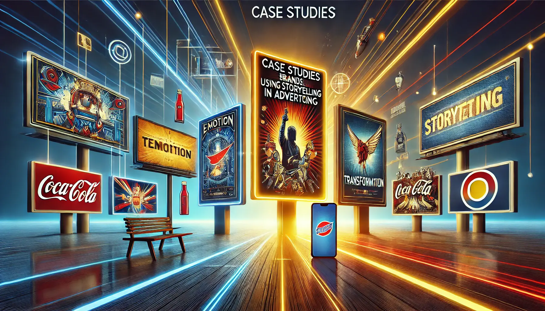 An image showing various advertisements from iconic brands on different digital devices, representing different storytelling techniques like emotion, transformation, and hero's journey.