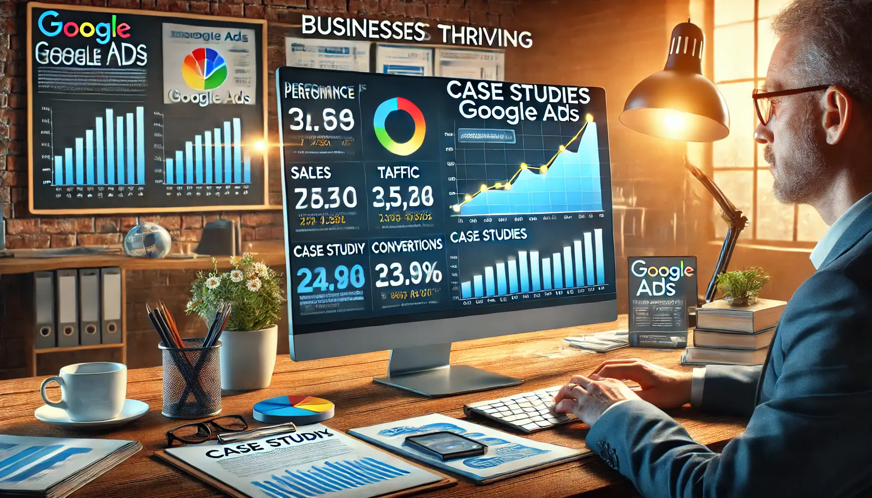 A digital marketer reviewing successful Google Ads campaigns with graphs showing growth in sales, traffic, and conversions.