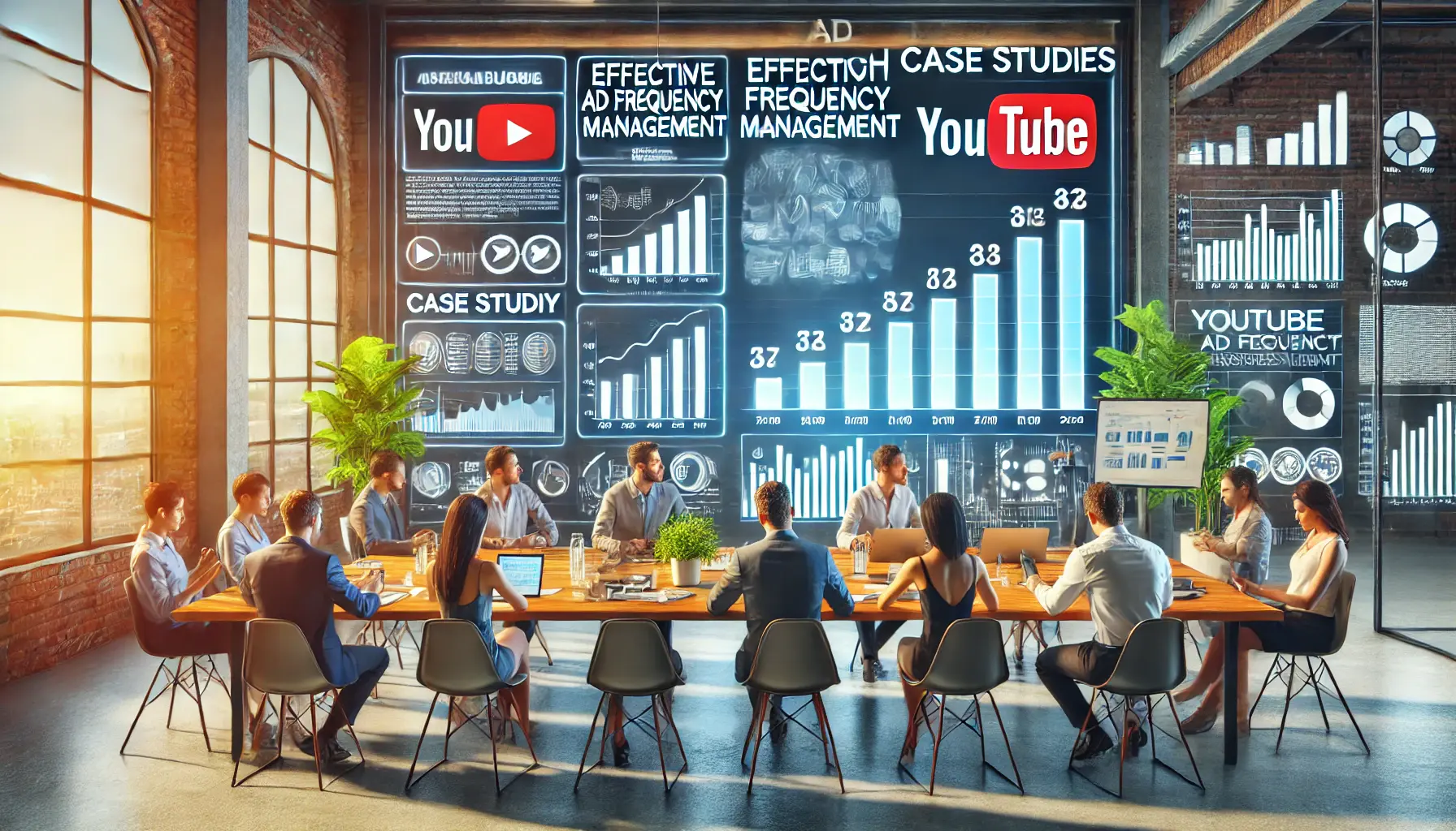 A digital marketing team discussing YouTube ad frequency management in a meeting room, with graphs and performance metrics displayed on the screen.