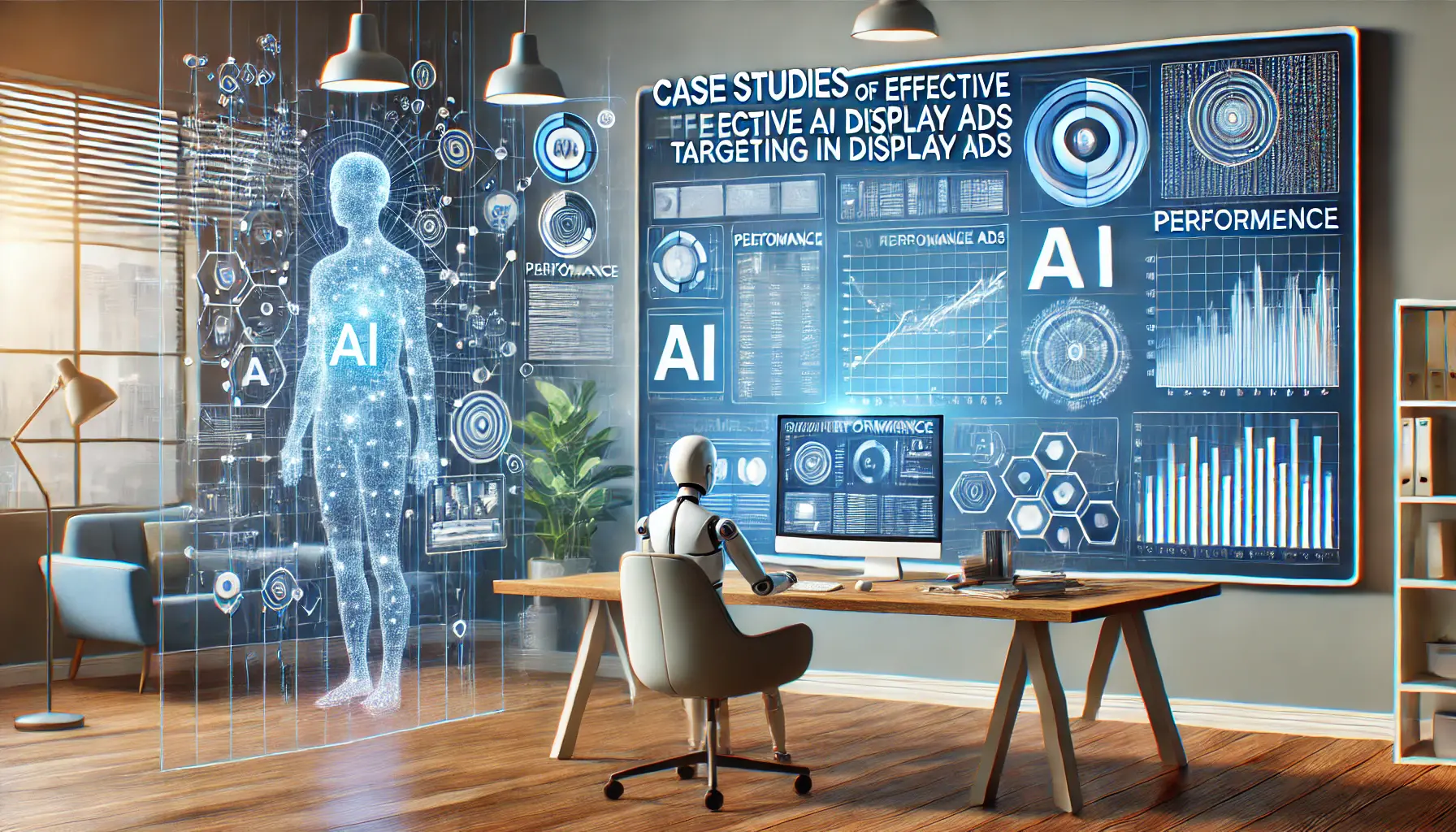 An image showing case studies of AI targeting in display ads, with a digital workspace displaying ad campaigns, performance analytics, and AI elements like neural networks.