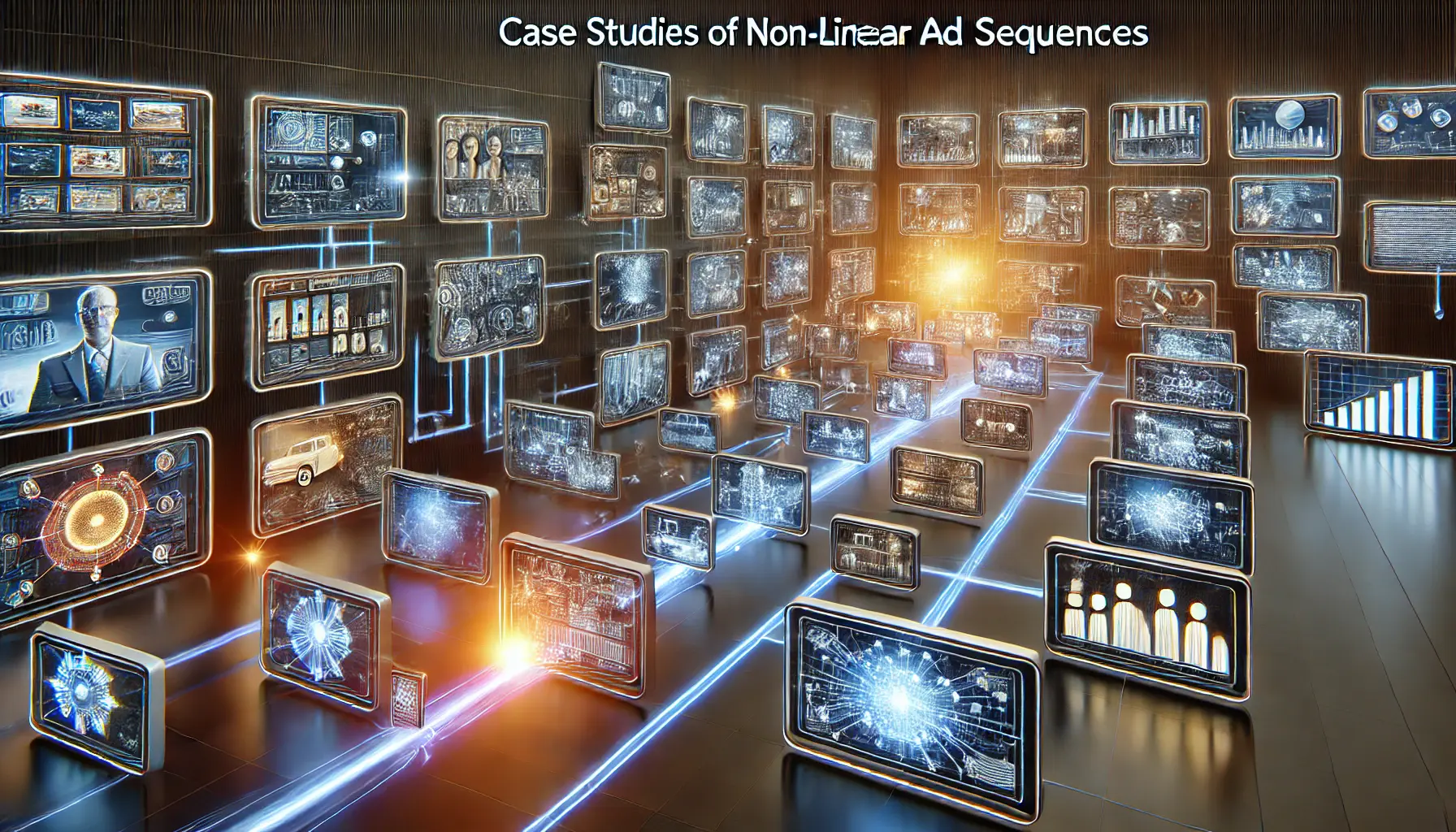 A dynamic visualization of case studies showcasing non-linear ad sequences with scattered digital screens representing customer experiences and parallel events.