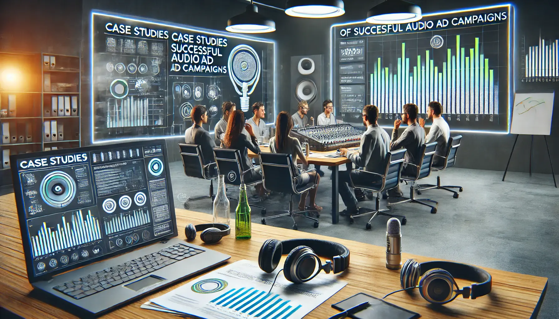 A digital illustration showing a team discussing successful audio ad campaigns with graphs and analytics on a screen, and digital marketing tools like headphones and microphones on the table.