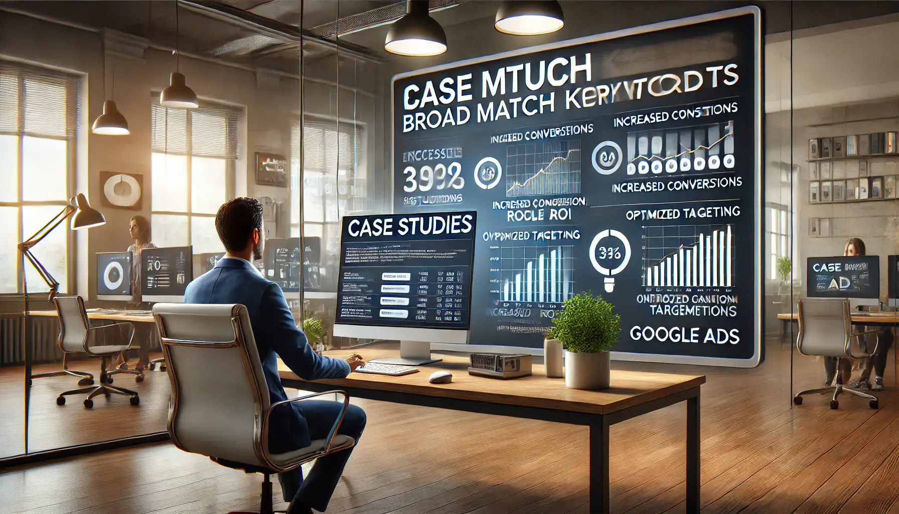 A digital workspace showing a marketer reviewing successful case studies of broad match keyword implementations, with positive campaign metrics on the screen.