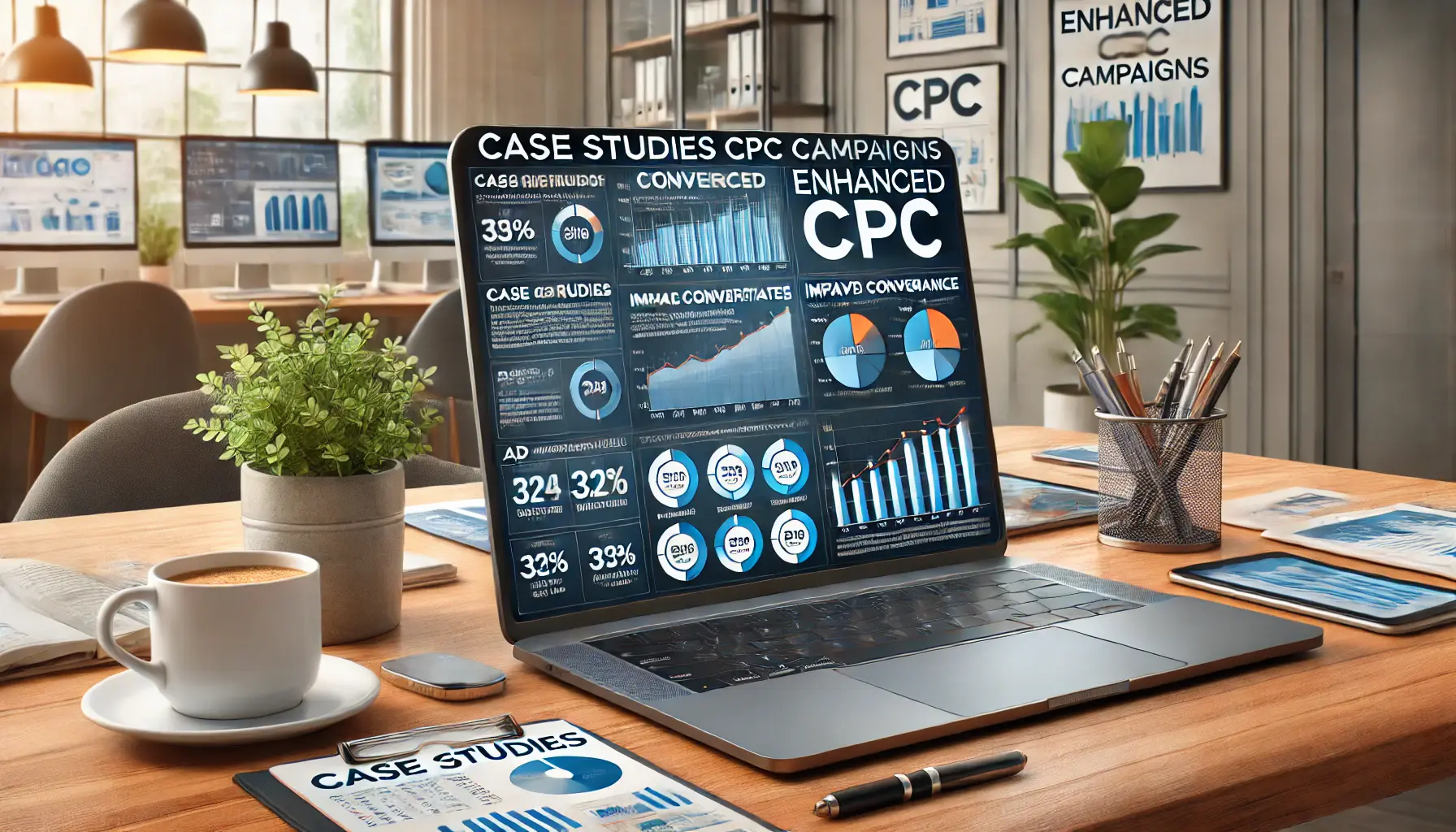 A digital marketing workspace with a laptop displaying multiple charts with high conversion rates and improved ad performance from successful Enhanced CPC campaigns.