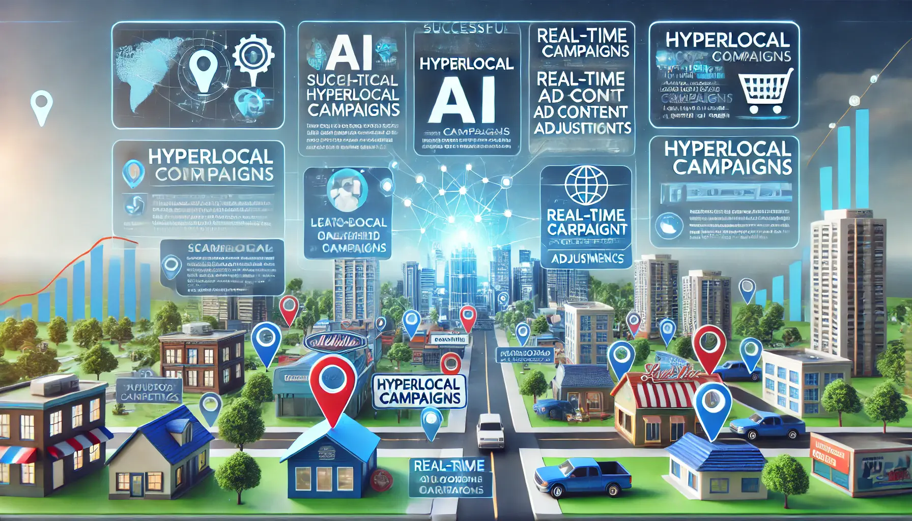 A digital dashboard showcasing successful hyperlocal AI campaigns with location-based targeting, real-time ad adjustments, and community impact.