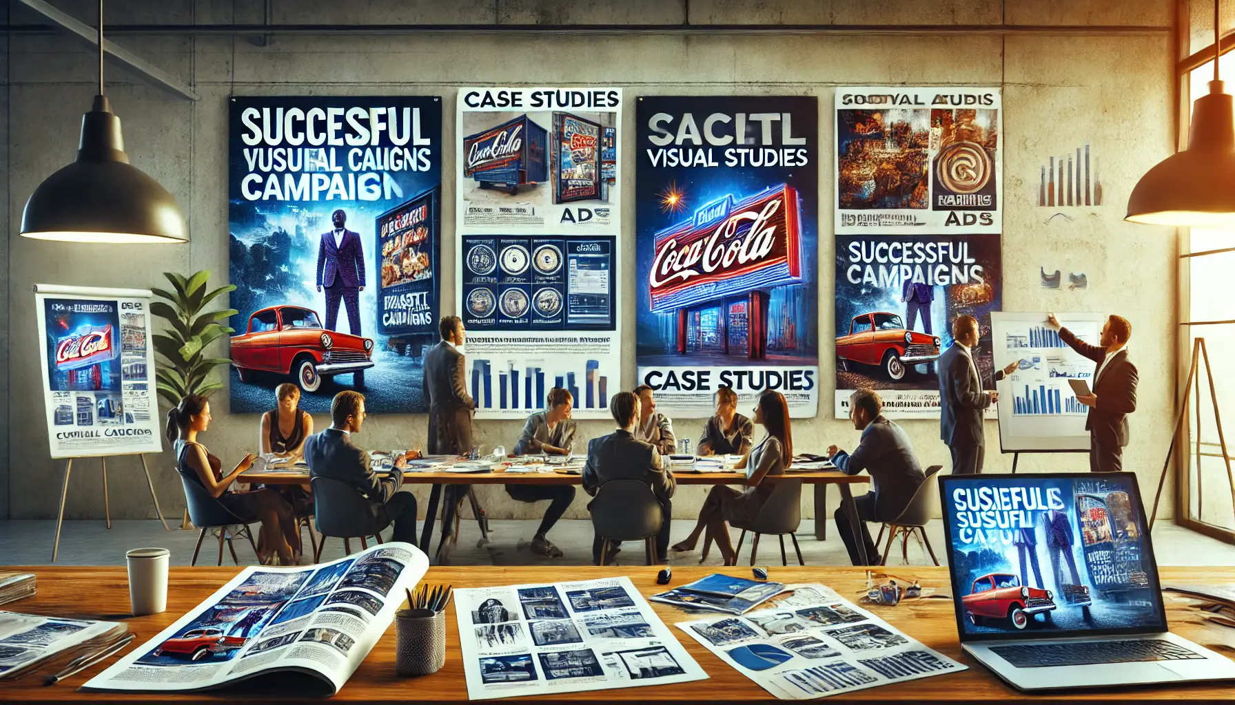 A creative team gathered around a table, reviewing printed visuals of successful ad campaigns, including posters, digital ads, and magazine spreads.