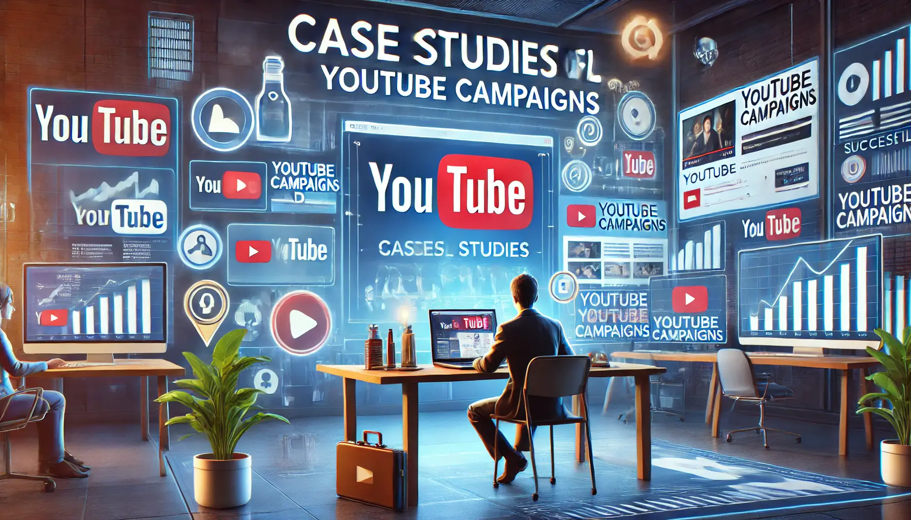 A digital workspace where a person is reviewing YouTube campaign data on a screen, with visuals of successful ads, graphs showing positive performance, and engagement symbols like likes, shares, and comments.