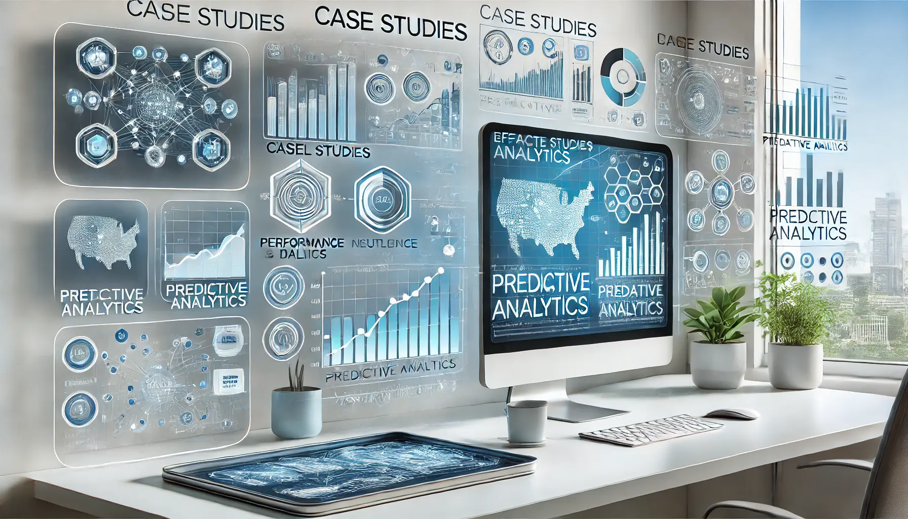 An image showing case studies on the effective use of predictive analytics, with a digital workspace displaying multiple case studies and performance data.