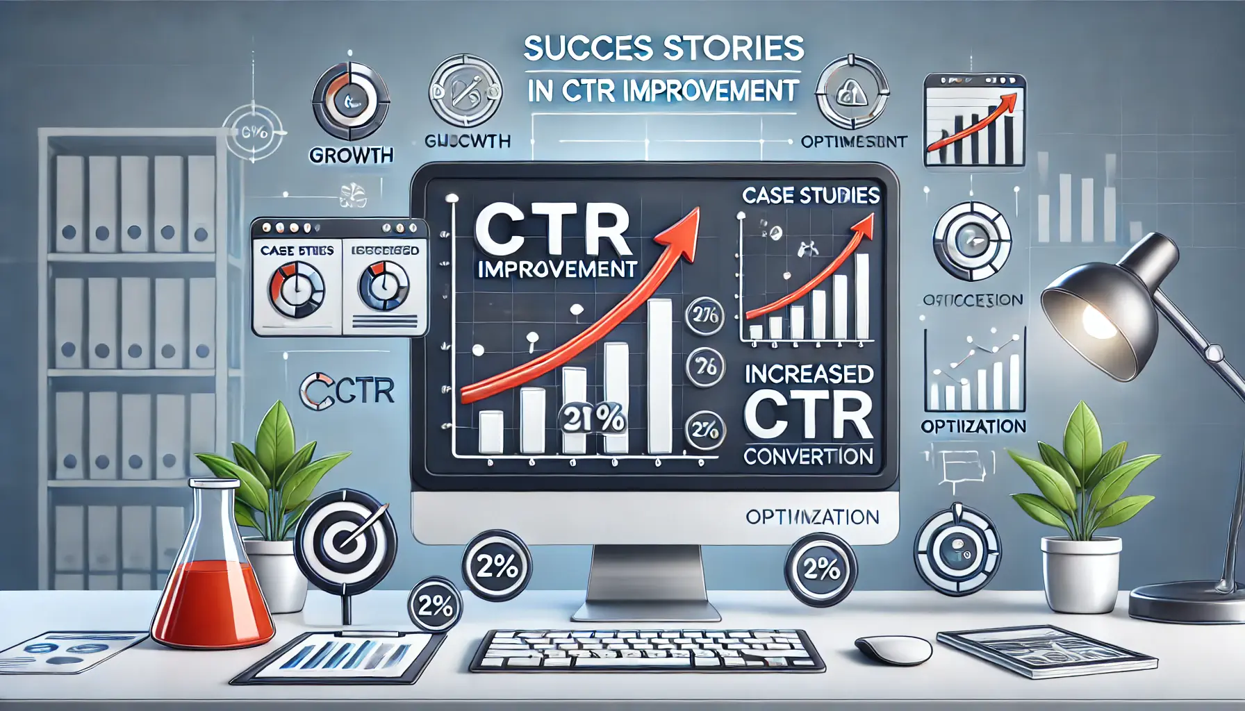 An illustration showing success stories in CTR improvement with case studies, upward-trending graphs, and metrics like increased CTR and conversions.