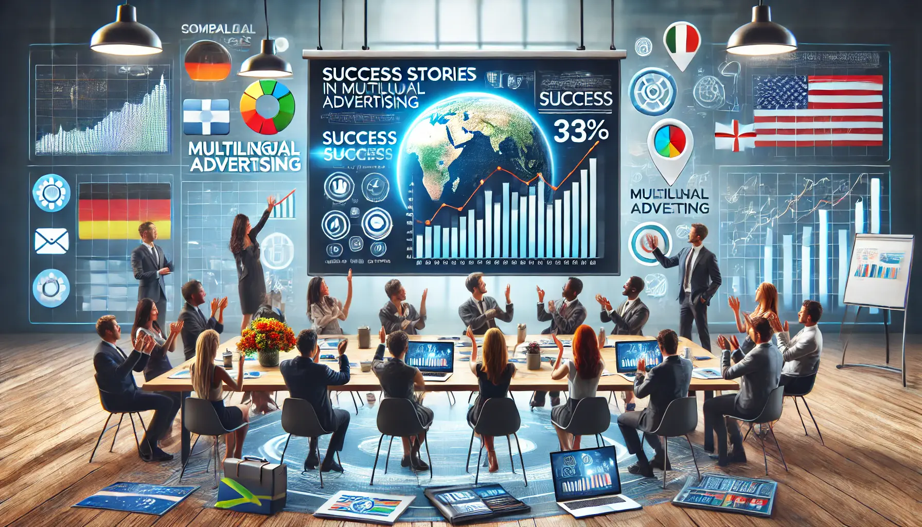 Digital presentation showing campaign success metrics and graphs with global regions highlighted.