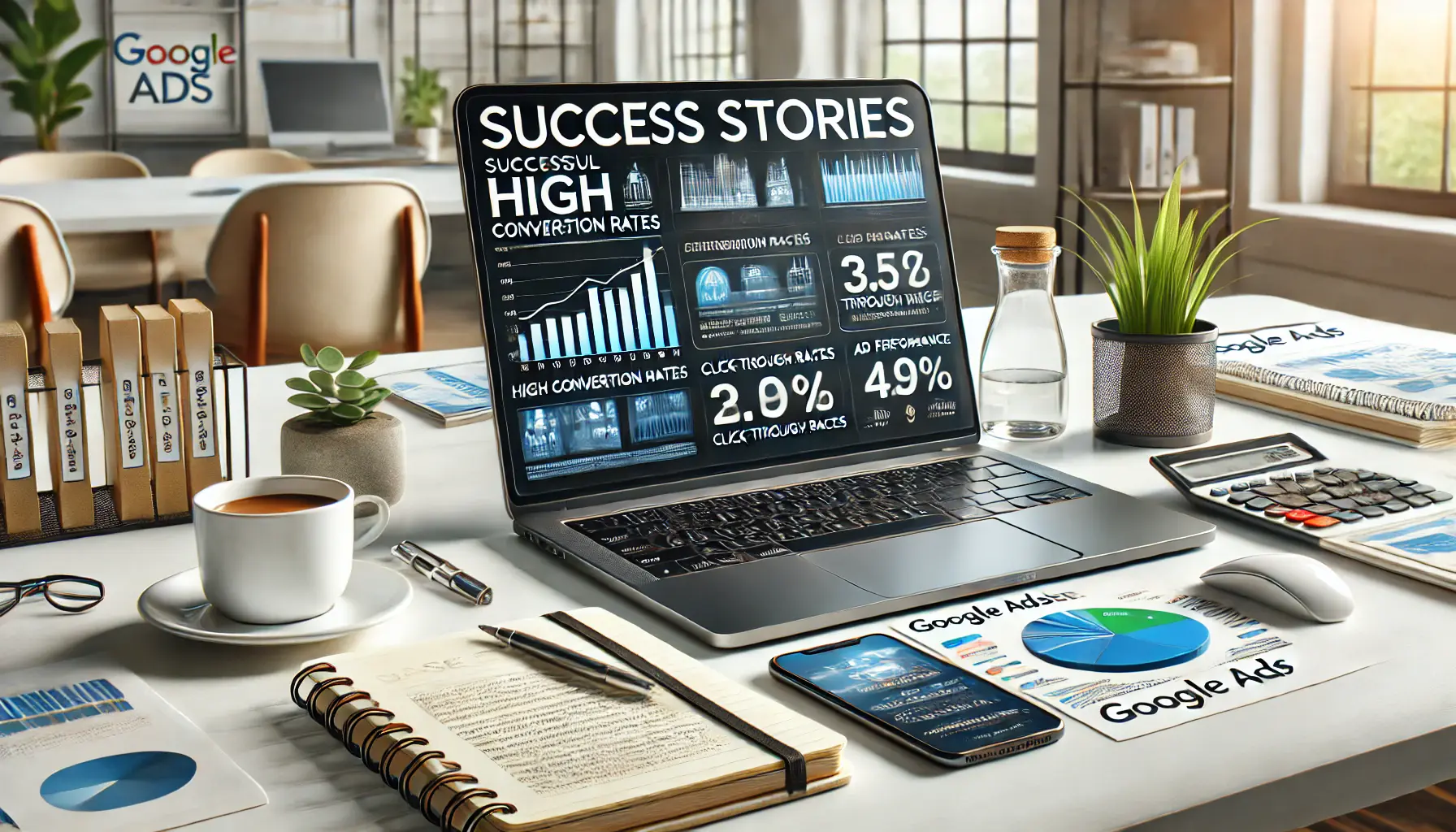 A laptop displaying a successful case study dashboard with high conversion rates, click-through rates, and ad performance metrics, surrounded by a notebook, smartphone, coffee cup, and success-related charts in a modern office setting.