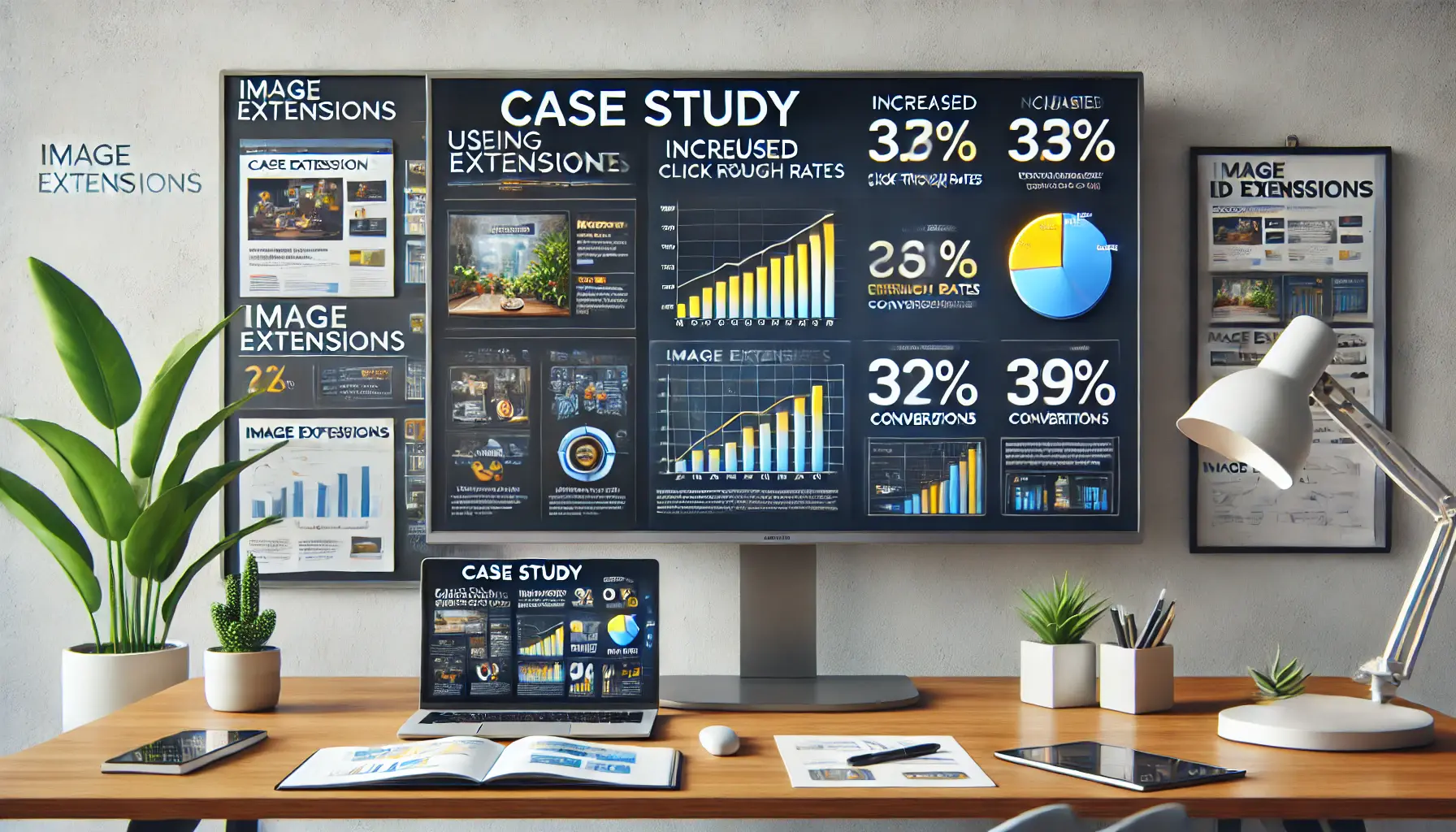 Modern workspace showcasing a case study presentation with charts, graphs, and image extension examples on a monitor.