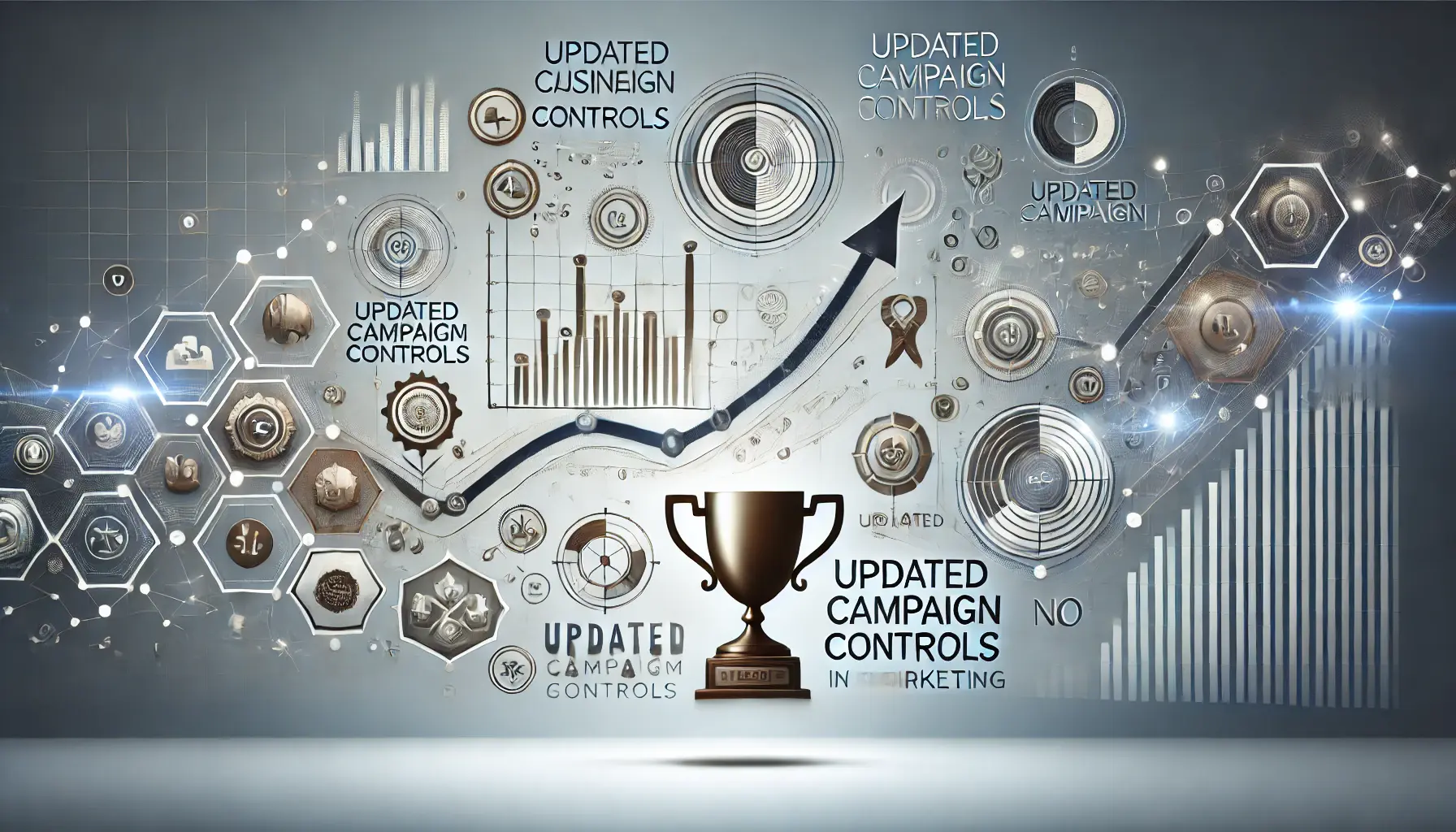 Abstract image symbolizing success stories with updated campaign controls, featuring business graphs, success icons, and positive data trends.