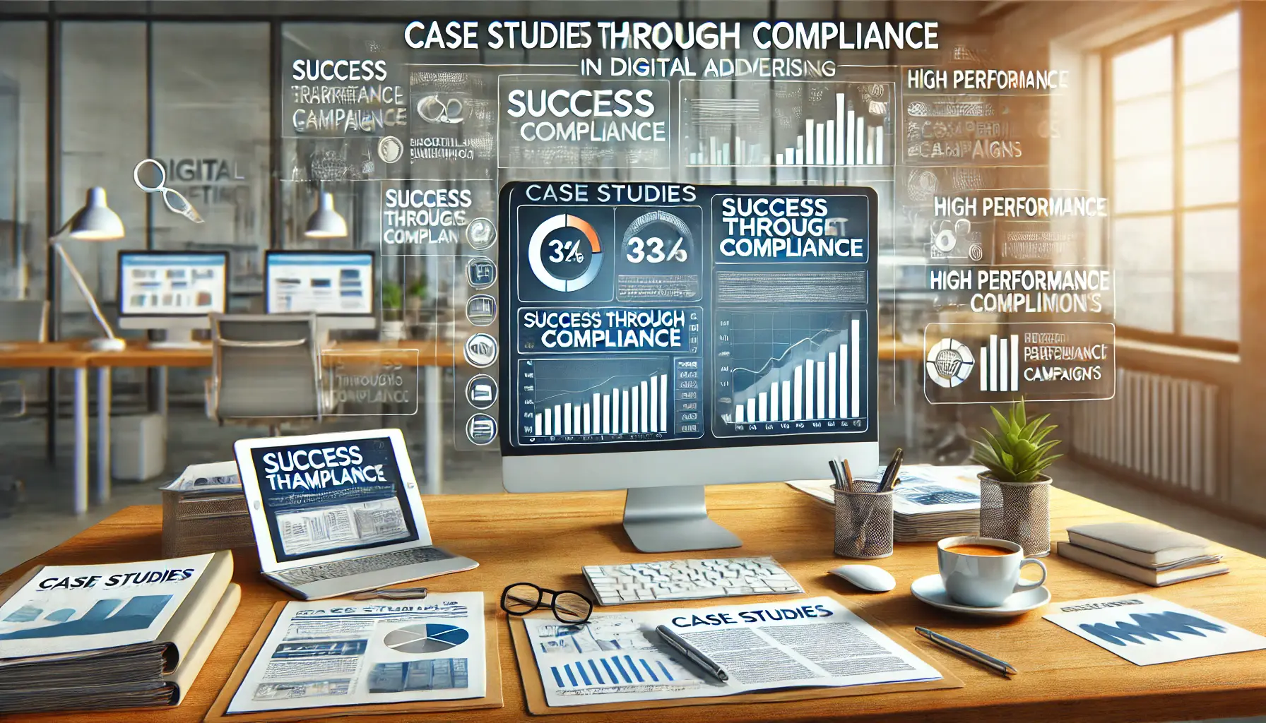 A digital marketing workspace with a computer displaying a successful ad campaign dashboard, surrounded by documents, a coffee cup, and a tablet.