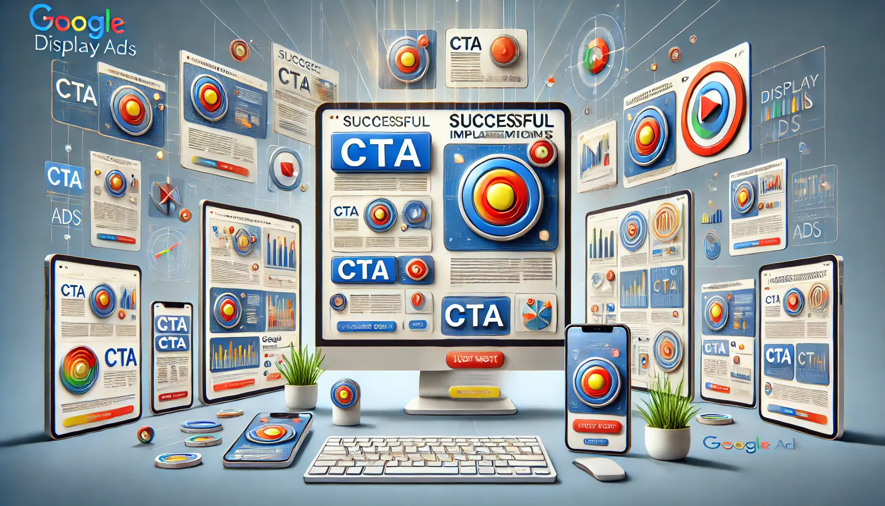 A visual representation of successful CTA implementations in Google Display Ads, showcasing multiple digital ads with engaging CTA buttons across devices.