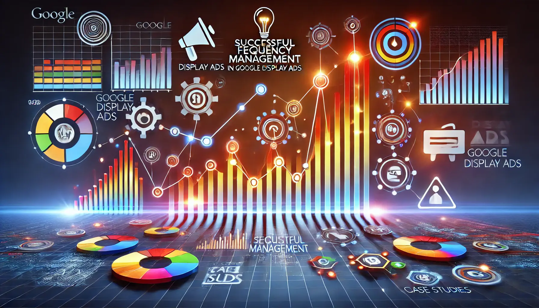 Abstract image representing successful frequency management with graphs, digital ad icons, and interconnected nodes symbolizing positive campaign results.