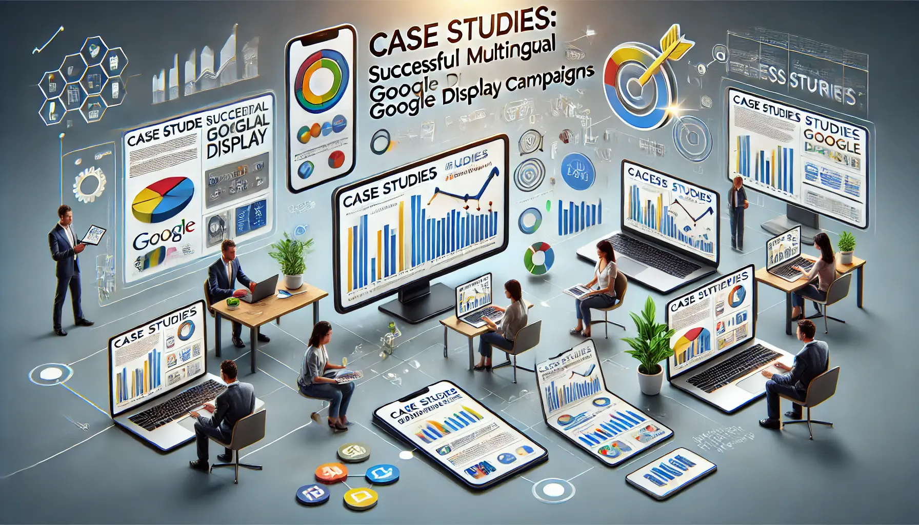 A team of digital marketers analyzing case studies and success stories of multilingual Google Display Ads, displayed on devices with campaign results and performance metrics.