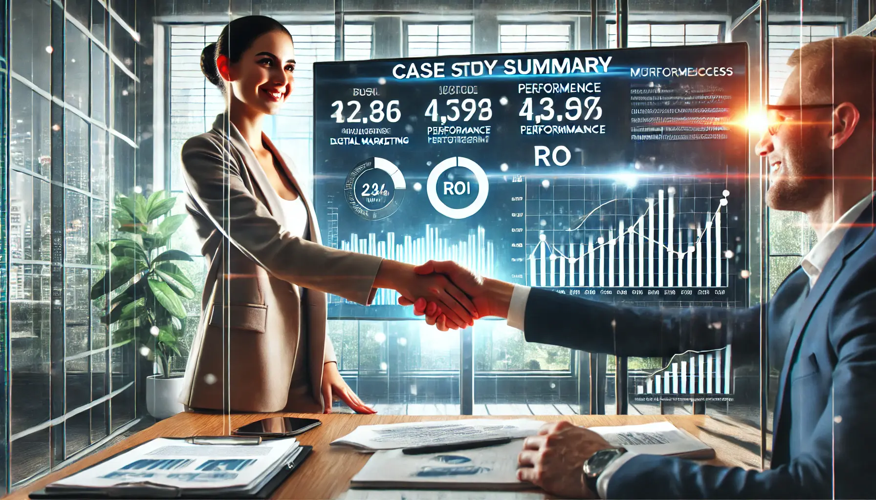 Two professionals shaking hands in a modern office with a screen displaying performance graphs and ROI metrics, symbolizing successful partnerships.