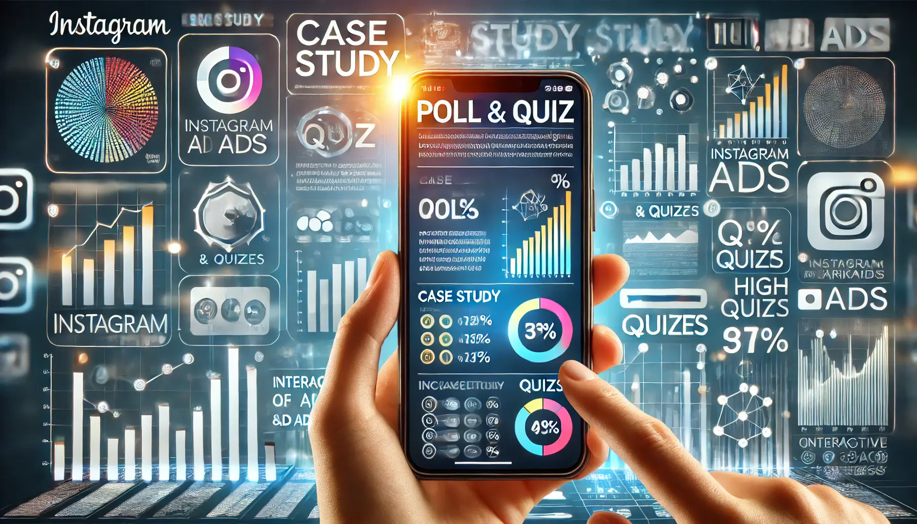 A digital marketing concept displaying a smartphone screen with case study examples of successful Instagram poll and quiz campaigns, featuring user engagement and analytics insights.