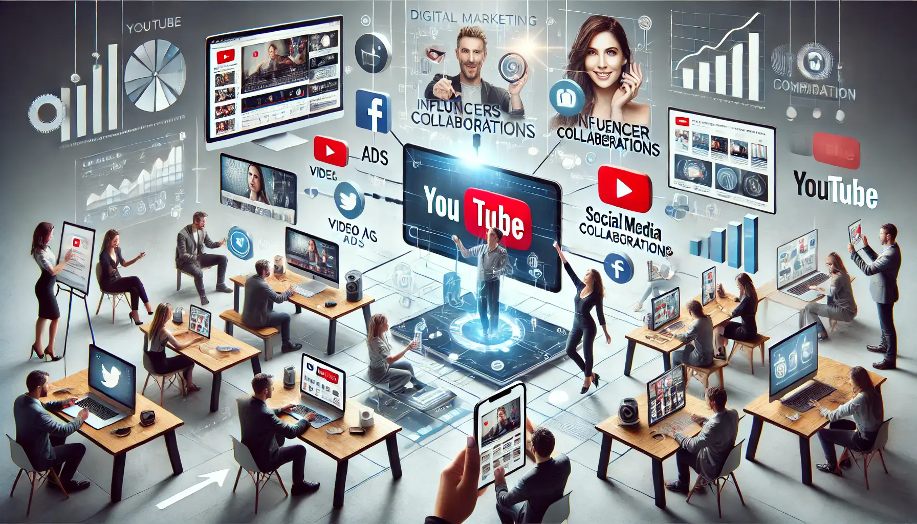 An illustration showing various successful YouTube cross-promotion campaigns, including video ads, social media platforms, influencer collaborations, and analytics on devices.