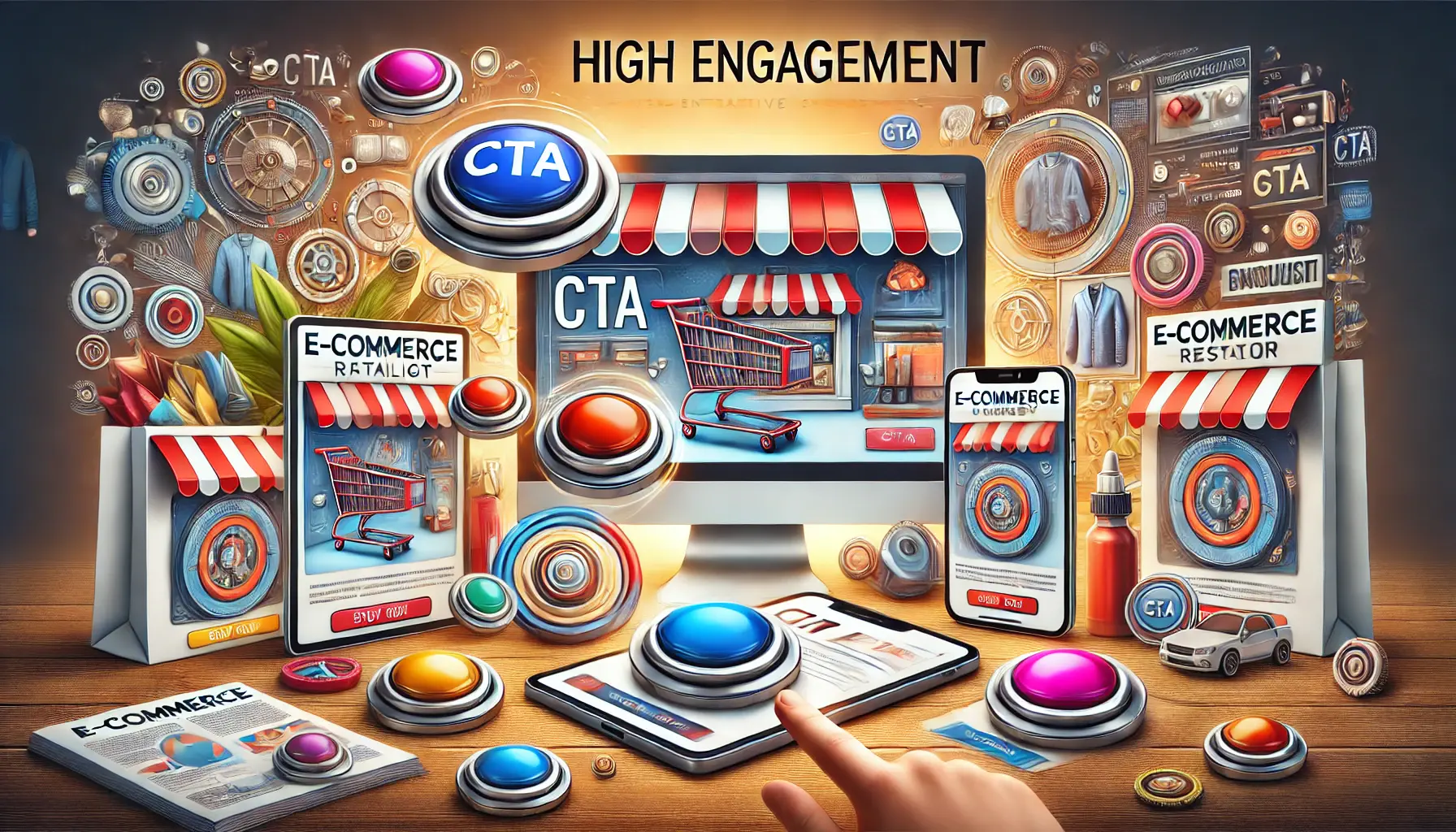 A visual representation of a successful e-commerce retailer's digital ad campaign, showcasing engaging product images and CTA buttons across devices.