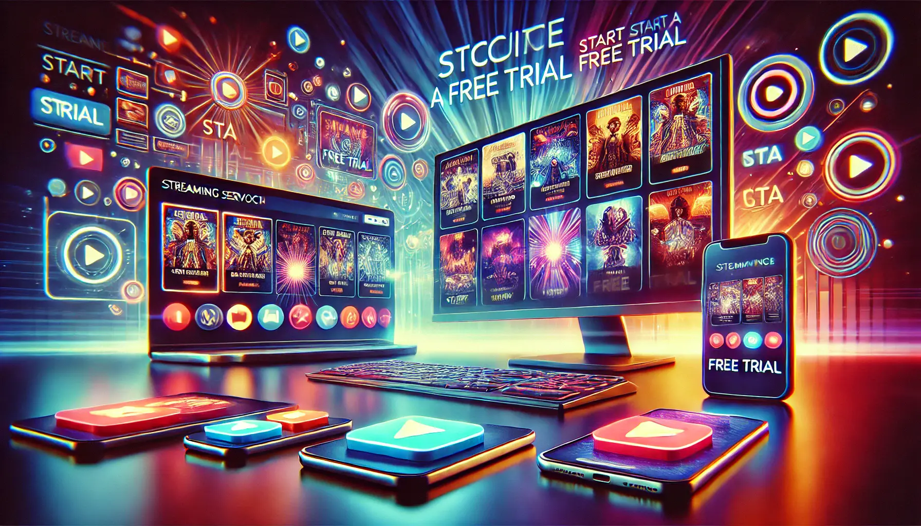 A visual representation of a successful digital ad campaign for a streaming service, showcasing CTA buttons across multiple devices encouraging users to start a free trial.