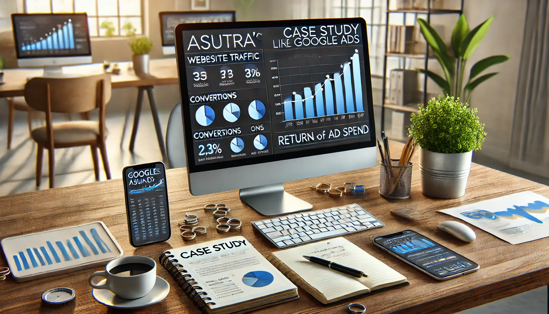 A professional workspace with a computer displaying performance charts showing growth in website traffic, conversions, and return on ad spend. The desk includes a notebook with case study notes, a pen, a smartphone, and a coffee cup, set in a modern office environment.