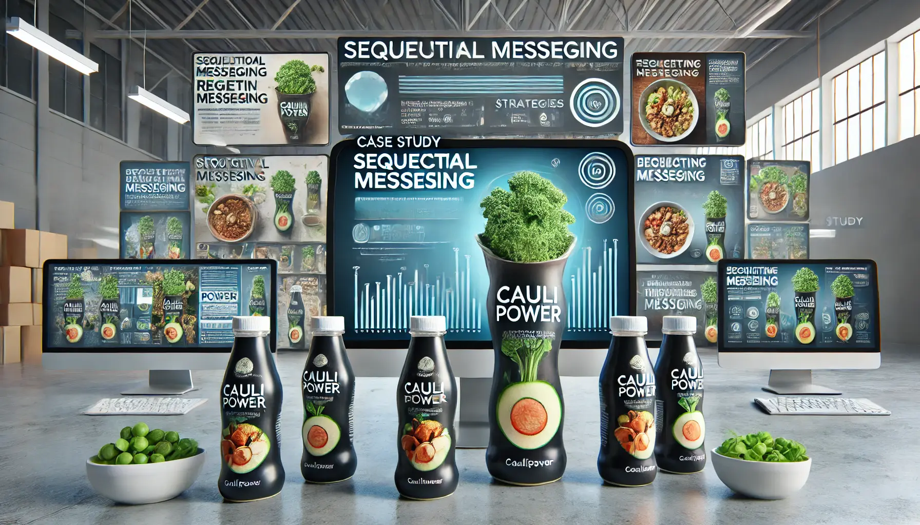 A digital workspace with Caulipower products being retargeted through sequential messaging across multiple screens.